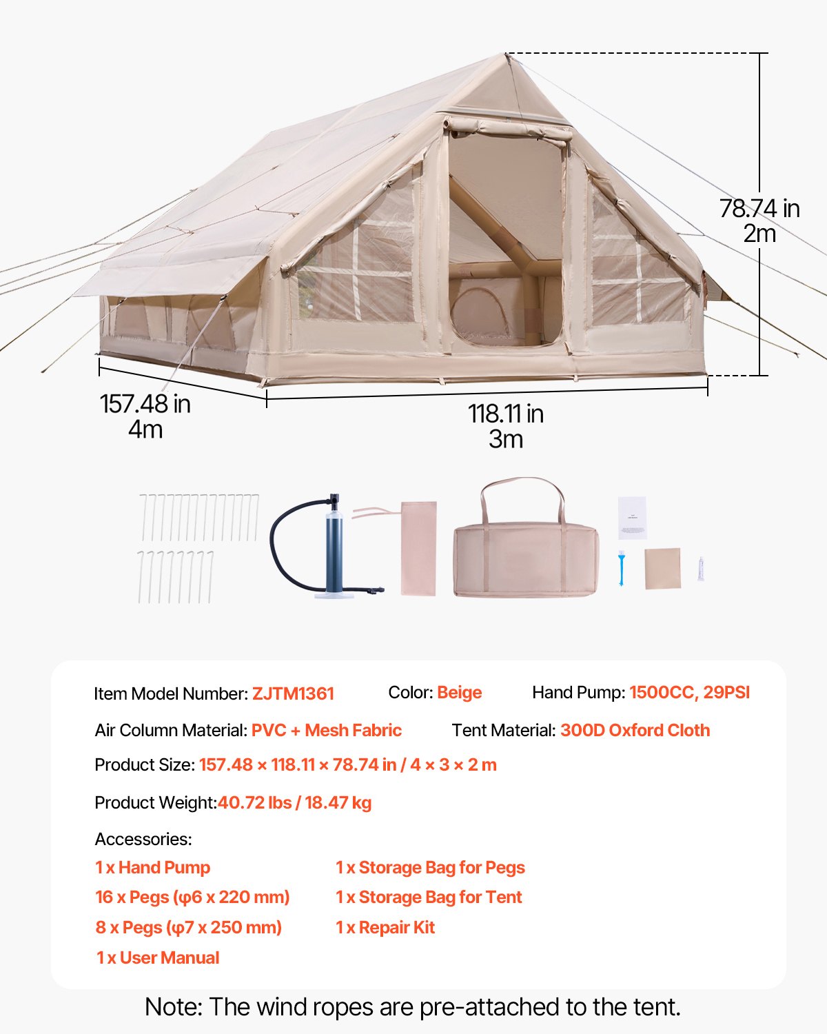 VEVOR Aufblasbare Zelte für Camping 4x3x2 m, 5–8 Personen, 300D Oxford Glamping-Zelt mit Ofenanschluss, Handpumpe 2 Türen & 4 Netzfenstern, inkl. Aufbewahrungstasche für einfachen Transport
