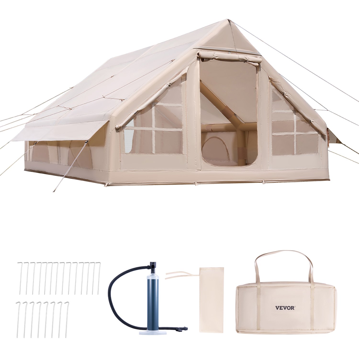 VEVOR Aufblasbare Zelte für Camping 4x3x2 m, 5–8 Personen, 300D Oxford Glamping-Zelt mit Ofenanschluss, Handpumpe 2 Türen & 4 Netzfenstern, inkl. Aufbewahrungstasche für einfachen Transport