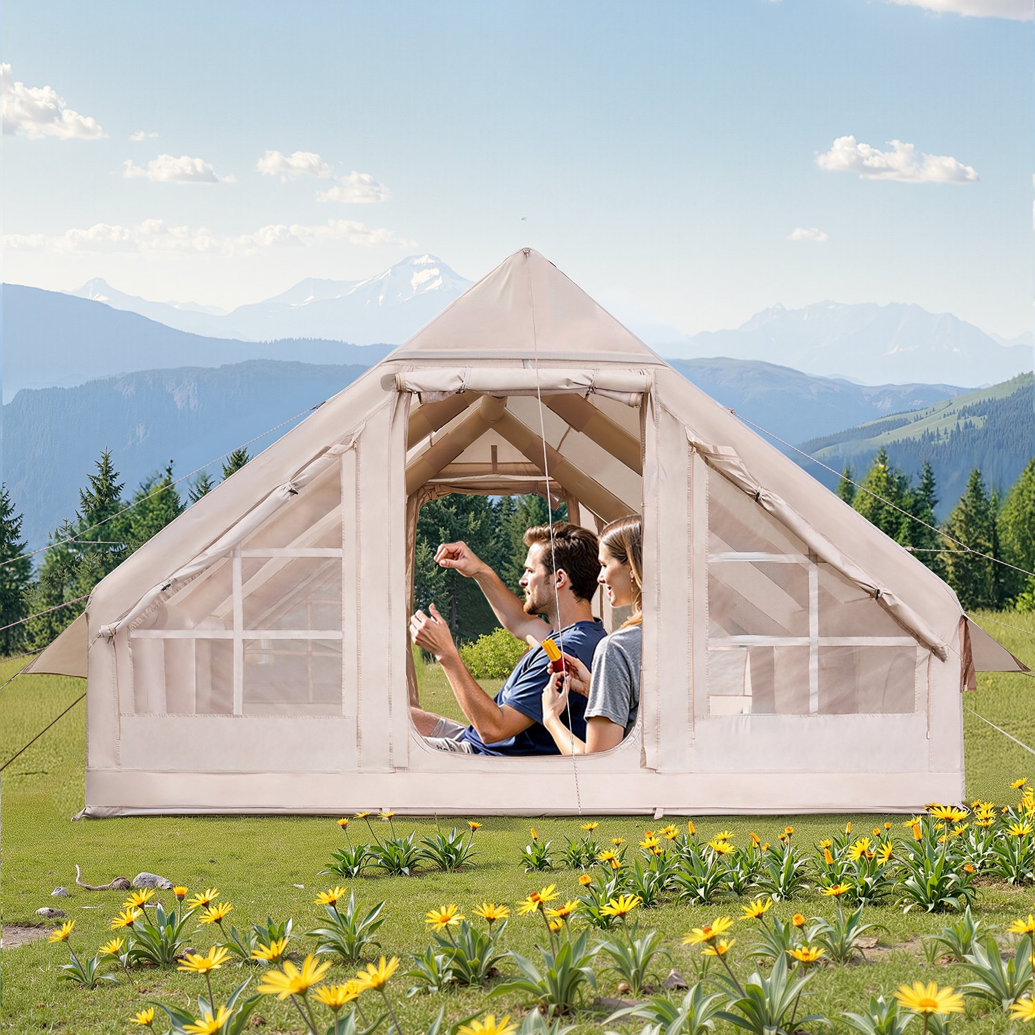 VEVOR Aufblasbare Zelte für Camping 4x3x2 m, 5–8 Personen, 300D Oxford Glamping-Zelt mit Ofenanschluss, Handpumpe 2 Türen & 4 Netzfenstern, inkl. Aufbewahrungstasche für einfachen Transport