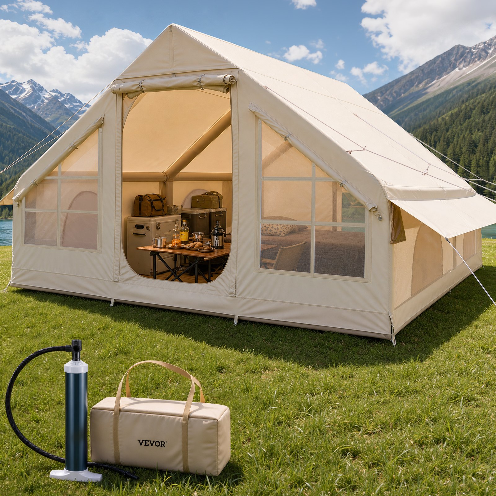 VEVOR Aufblasbare Zelte für Camping 4x3x2 m, 5–8 Personen, 300D Oxford Glamping-Zelt mit Ofenanschluss, Handpumpe 2 Türen & 4 Netzfenstern, inkl. Aufbewahrungstasche für einfachen Transport