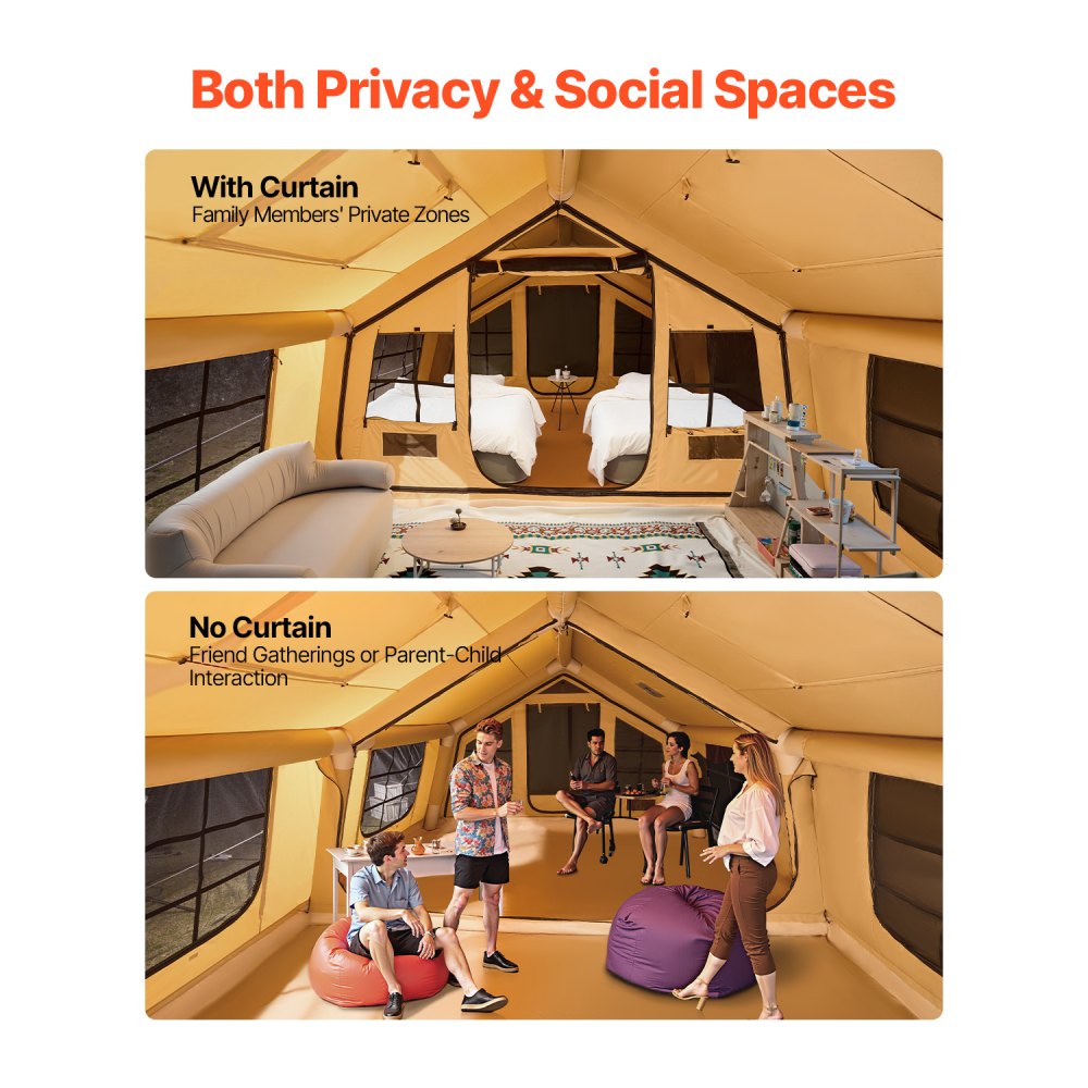 VEVOR Aufblasbares Zelt für Camping 8-12 Personen mit Handpumpe, 4,8x3,6x2,2 m Glamping-Zelt mit 2 Oberlichtern, Baldachin, Ofenanschluss, 2 Türen & Netzfenstern, Aufbewahrungstasche