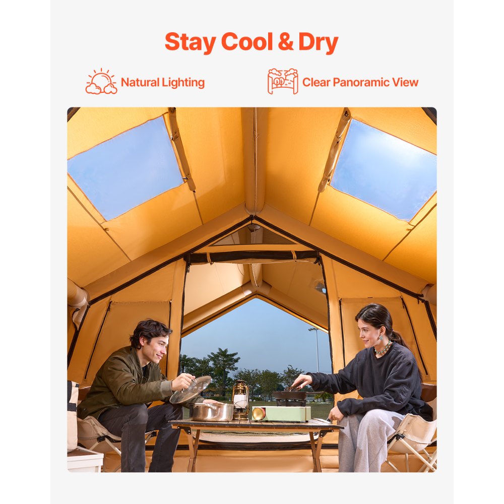 VEVOR Aufblasbares Zelt für Camping 8-12 Personen mit Handpumpe, 4,8x3,6x2,2 m Glamping-Zelt mit 2 Oberlichtern, Baldachin, Ofenanschluss, 2 Türen & Netzfenstern, Aufbewahrungstasche
