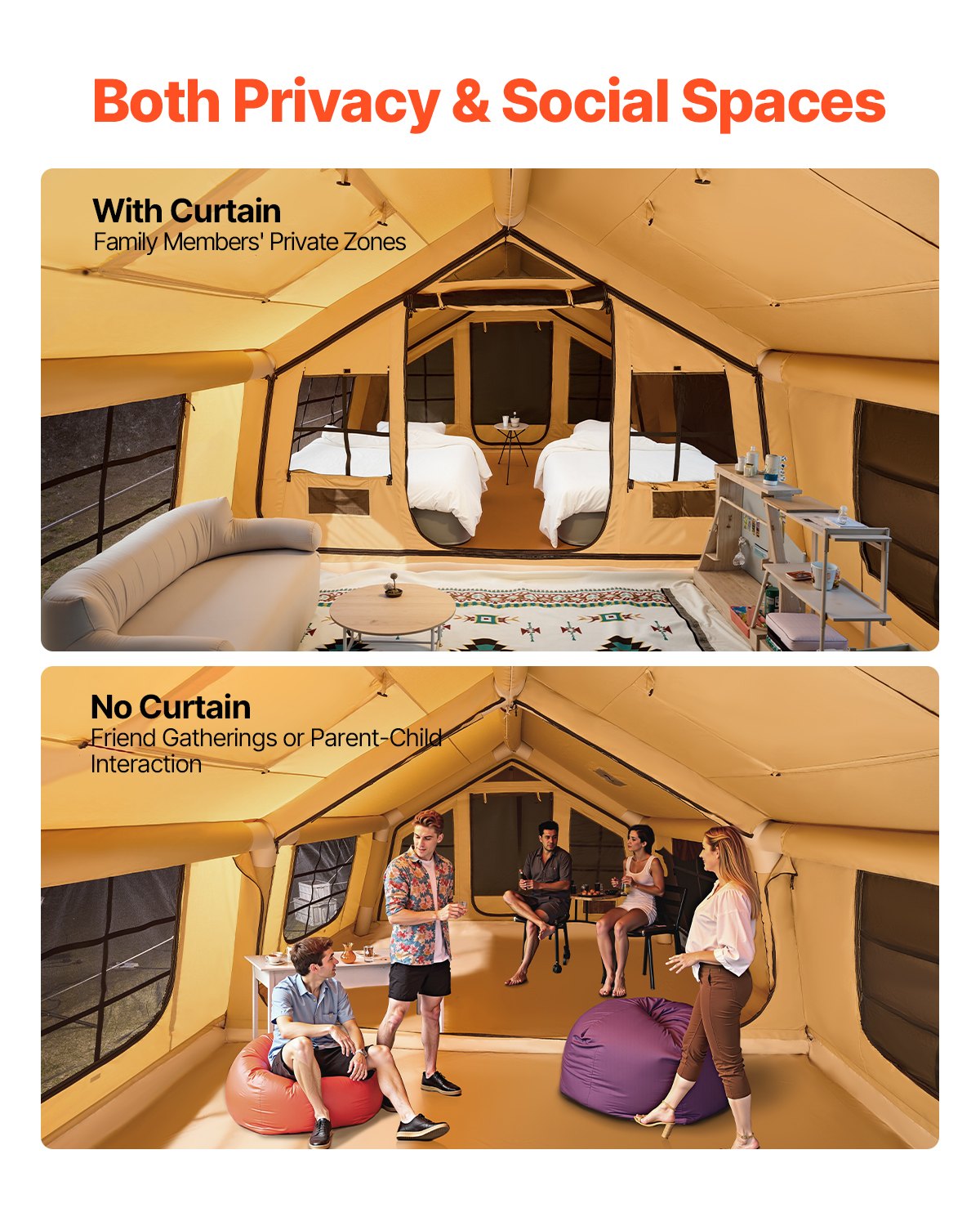 VEVOR Aufblasbares Zelt für Camping 8-12 Personen mit Handpumpe, 4,8x3,6x2,2 m Glamping-Zelt mit 2 Oberlichtern, Baldachin, Ofenanschluss, 2 Türen & Netzfenstern, Aufbewahrungstasche