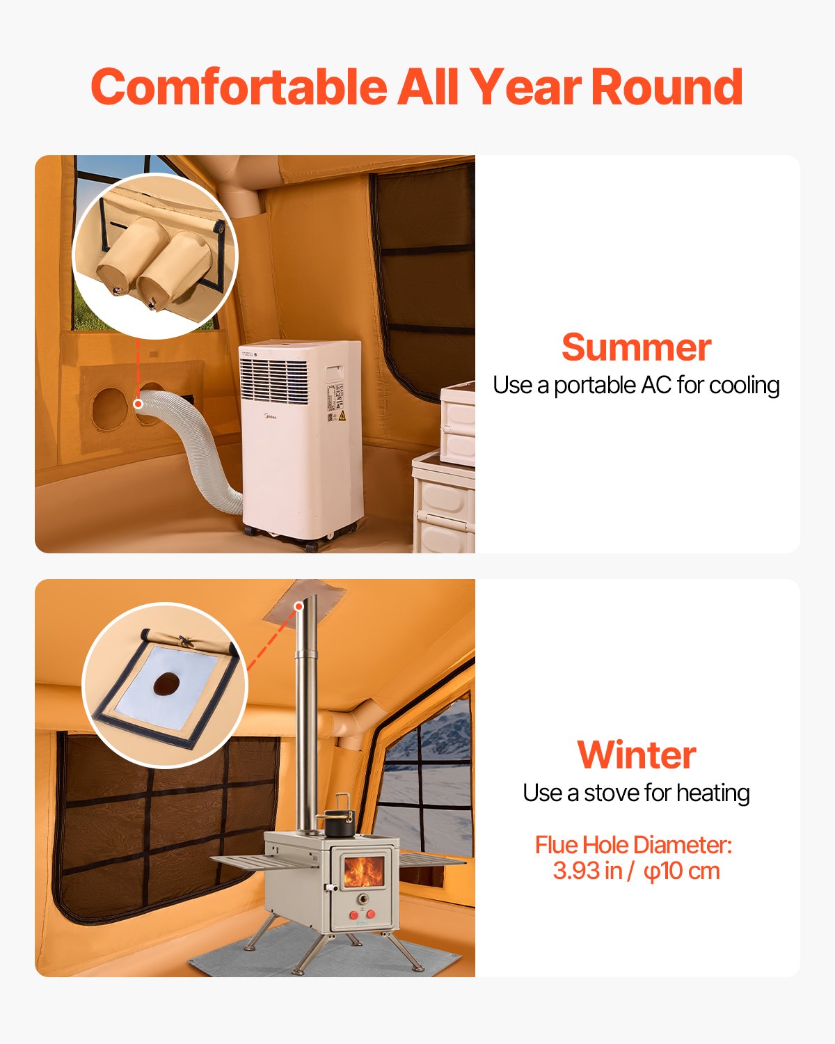 VEVOR Aufblasbares Zelt für Camping 8-12 Personen mit Handpumpe, 4,8x3,6x2,2 m Glamping-Zelt mit 2 Oberlichtern, Baldachin, Ofenanschluss, 2 Türen & Netzfenstern, Aufbewahrungstasche