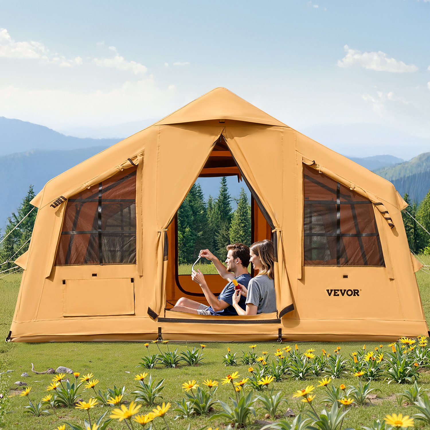 VEVOR Aufblasbares Zelt für Camping 8-12 Personen mit Handpumpe, 4,8x3,6x2,2 m Glamping-Zelt mit 2 Oberlichtern, Baldachin, Ofenanschluss, 2 Türen & Netzfenstern, Aufbewahrungstasche