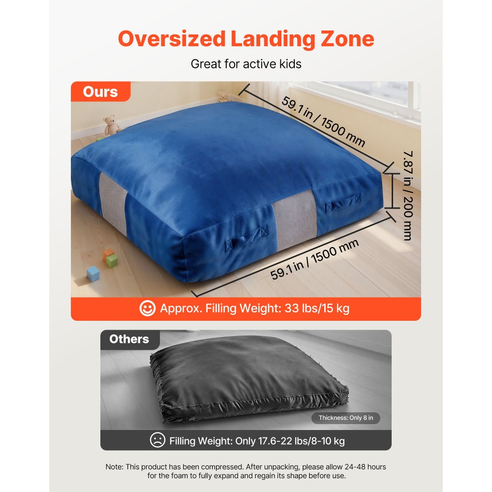 VEVOR Crash Pad, 1500 x 1500 mm Crash Pad for Kids Sensory with Foam Blocks & Washable Cover, Giant Pillow Mat Large Soft Foam Landing Zone, Sensory Room Equipment for Children Jumping, Relaxing, Play