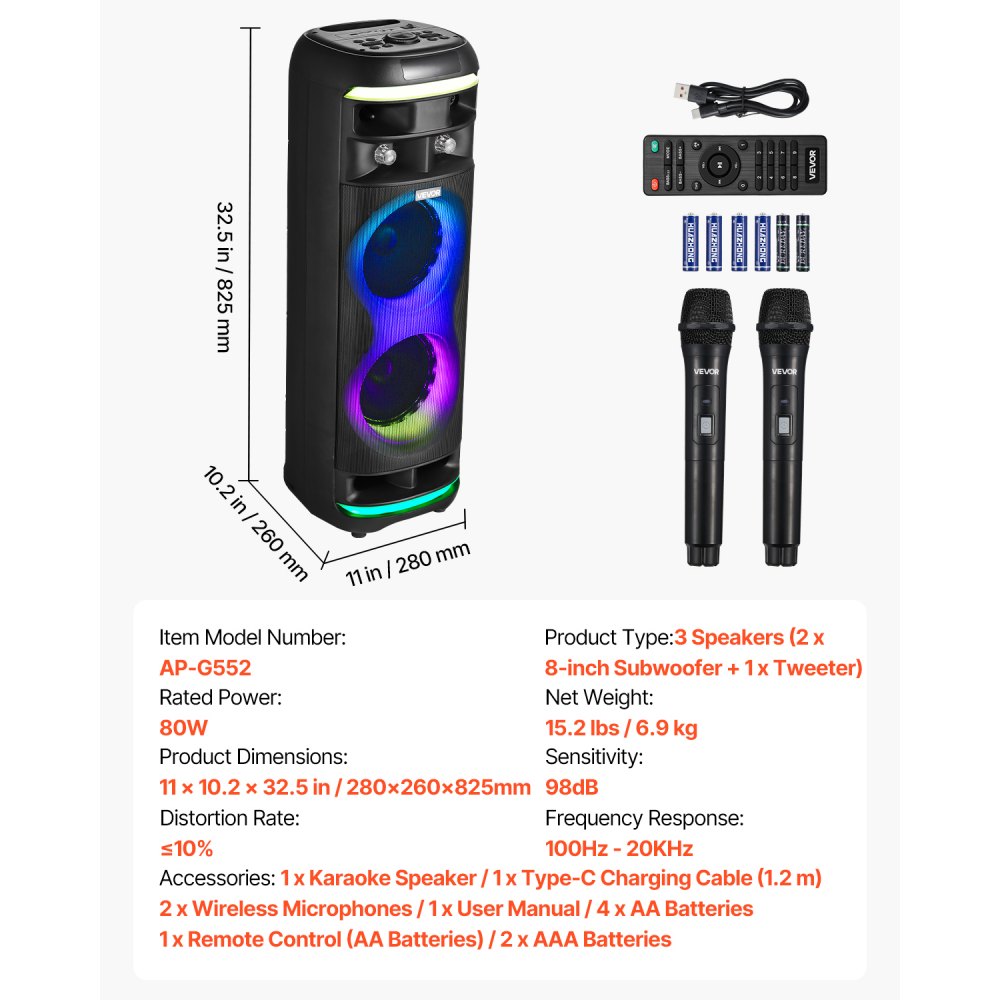 VEVOR Karaoke-Maschine, 80 W, 20 cm tragbarer Bluetooth-Lautsprecher mit 2 kabellosen Mikrofonen, LED, TWS-Funktion, Rollen, unterstützt Micro-TF-Karte, USB, AUX, für Karaoke-Partys zu Hause