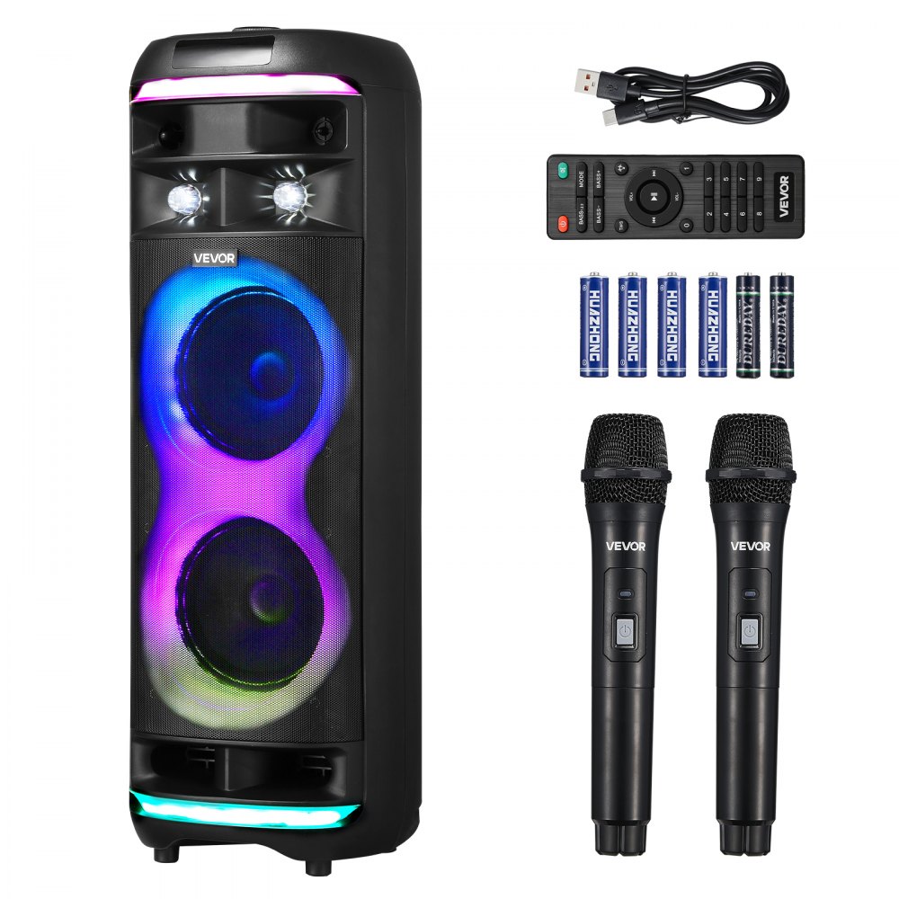 VEVOR Karaoke-Maschine, 80 W, 20 cm tragbarer Bluetooth-Lautsprecher mit 2 kabellosen Mikrofonen, LED, TWS-Funktion, Rollen, unterstützt Micro-TF-Karte, USB, AUX, für Karaoke-Partys zu Hause