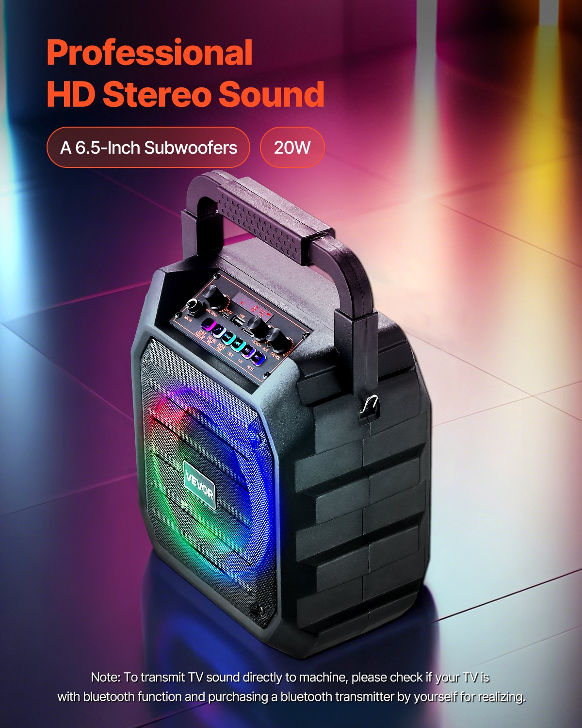 VEVOR Karaoke-Maschine, 20 W, 16,5 cm tragbarer Bluetooth-Lautsprecher mit 2 kabellosen Mikrofonen, LED, TWS-Funktion, Griff, Schultergurt, unterstützt Micro-TF-Karte, USB, AUX, für Home-Party