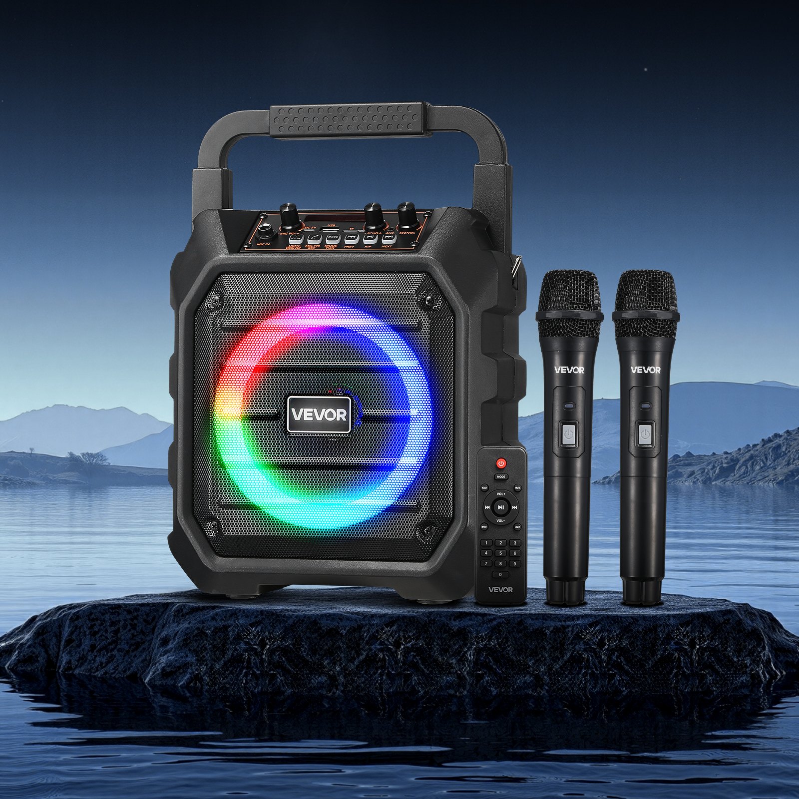 VEVOR Karaoke-Maschine, 20 W, 16,5 cm tragbarer Bluetooth-Lautsprecher mit 2 kabellosen Mikrofonen, LED, TWS-Funktion, Griff, Schultergurt, unterstützt Micro-TF-Karte, USB, AUX, für Home-Party