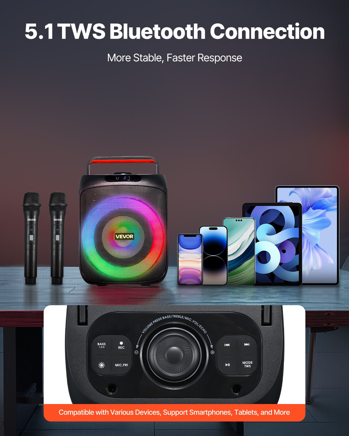 VEVOR Karaoke Maschine, 30 W, tragbarer 16,5 cm Bluetooth-Lautsprecher mit 2 kabellosen Mikrofonen, LED, TWS-Funktion, Griff, unterstützt Micro-TF-Karte, USB, AUX, für Karaoke-Partys zu Hause