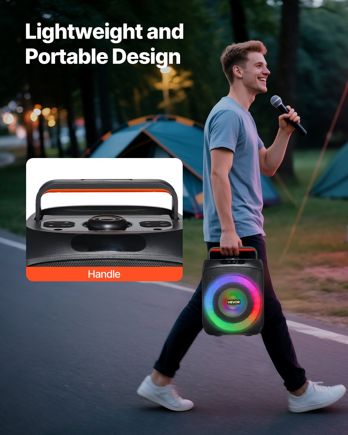 VEVOR Karaoke Maschine, 30 W, tragbarer 16,5 cm Bluetooth-Lautsprecher mit 2 kabellosen Mikrofonen, LED, TWS-Funktion, Griff, unterstützt Micro-TF-Karte, USB, AUX, für Karaoke-Partys zu Hause