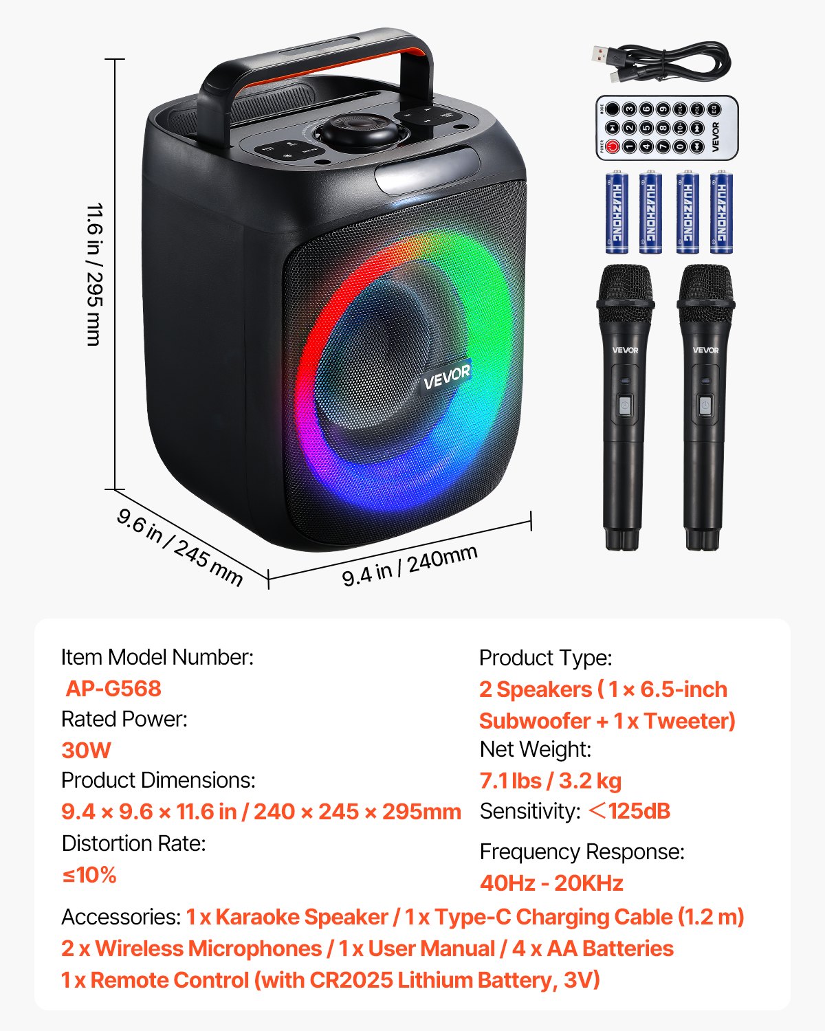 VEVOR Karaoke Maschine, 30 W, tragbarer 16,5 cm Bluetooth-Lautsprecher mit 2 kabellosen Mikrofonen, LED, TWS-Funktion, Griff, unterstützt Micro-TF-Karte, USB, AUX, für Karaoke-Partys zu Hause