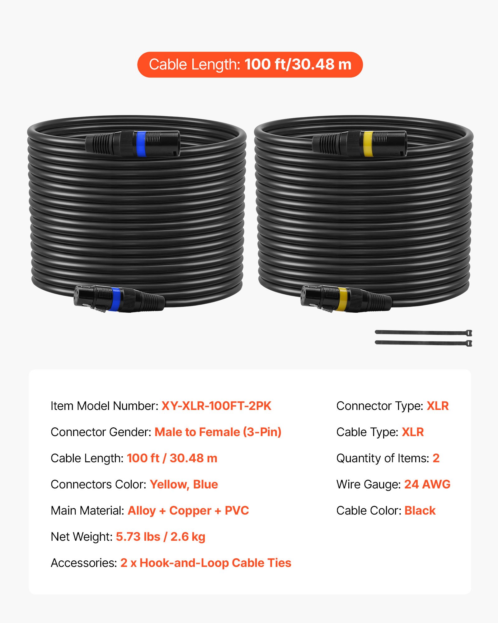 VEVOR XLR-Kabel 30,48 m, 2er-Pack, symmetrische DMX-Mikrofonkabel (Stecker auf Buchse), vergoldete 3-polige XLR-Mikrofon-Lautsprecherkabel, für Bühnenbeleuchtung, Mikrofone, Verstärker, Mischpulte