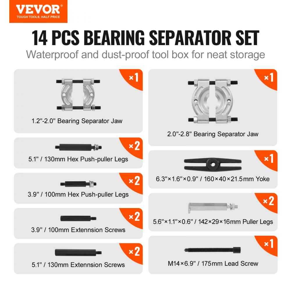 VEVOR 14-piece bearing puller set, 5-ton bearing separator, pinion wheel bearing removal set with 2-inch and 3-inch jaws, wheel hub axle puller set, heavy-duty bearing splitter tool set with case