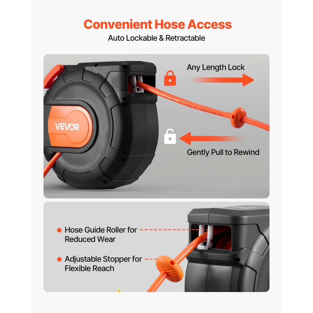 VEVOR Retractable Air Hose Reel, 30m x 9.5mm PVC Air Hose Max 300PSI, Enclosed Air-Compressor Hoses Reel Auto Rewind with 2m Lead in, 180° Swivel Wall Mount for Garages Workshops