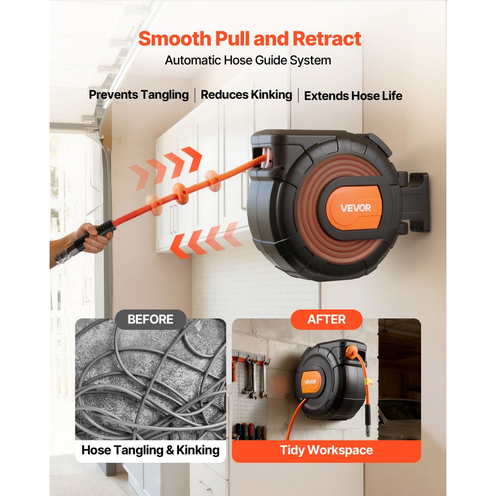 VEVOR Retractable Air Hose Reel, 30m x 9.5mm PVC Air Hose Max 300PSI, Enclosed Air-Compressor Hoses Reel Auto Rewind with 2m Lead in, 180° Swivel Wall Mount for Garages Workshops