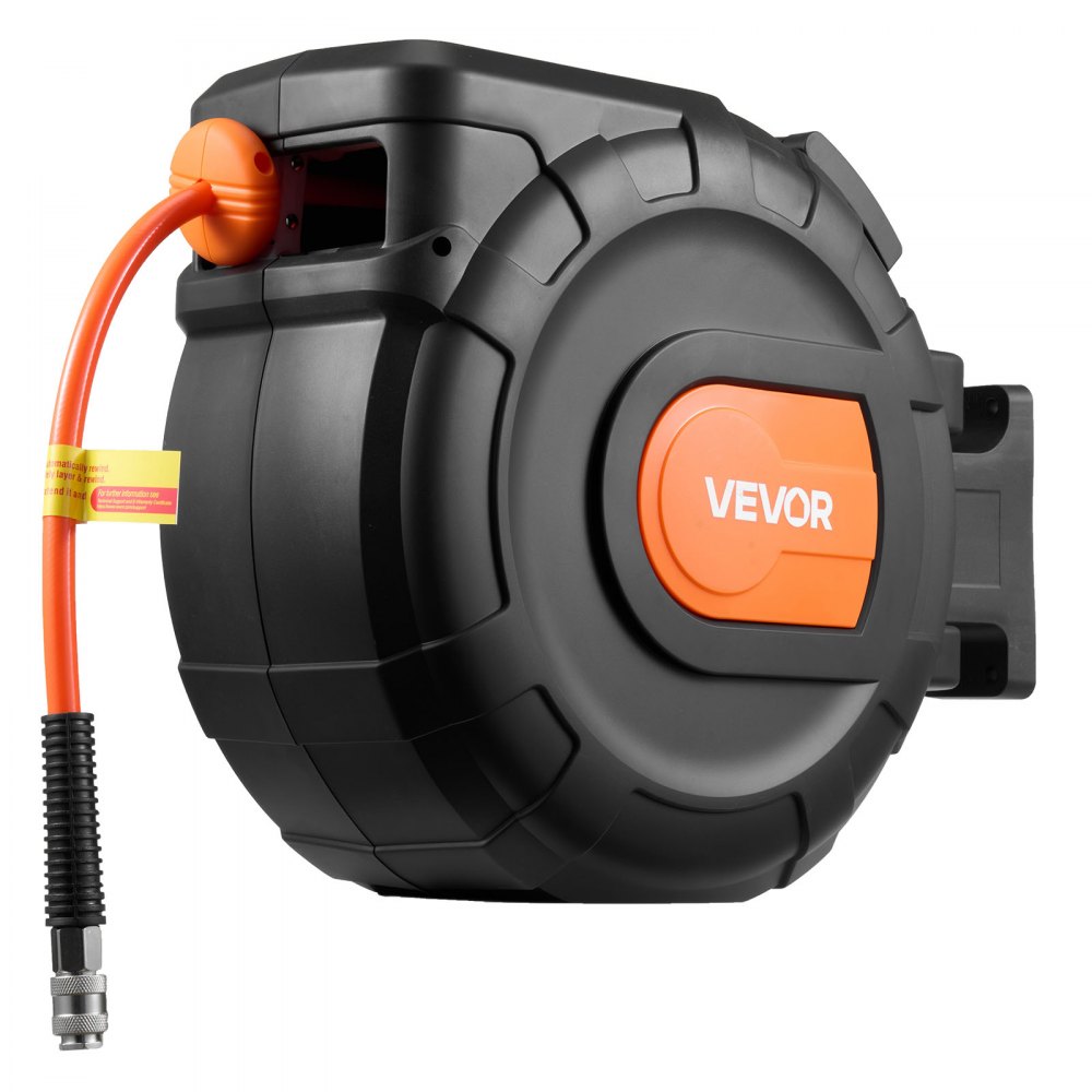 VEVOR Retractable Air Hose Reel, 30m x 9.5mm PVC Air Hose Max 300PSI, Enclosed Air-Compressor Hoses Reel Auto Rewind with 2m Lead in, 180° Swivel Wall Mount for Garages Workshops