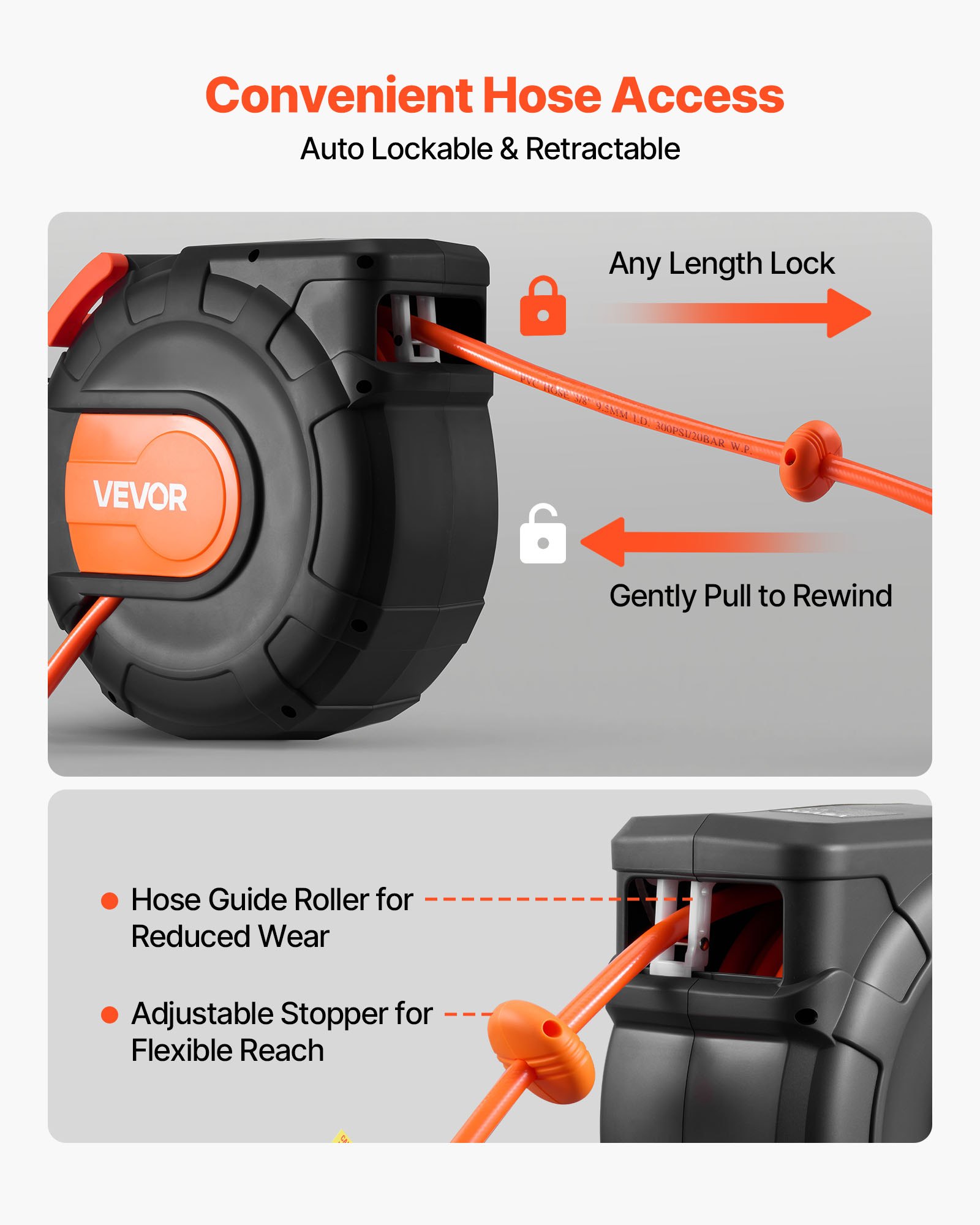 VEVOR Retractable Air Hose Reel, 30m x 9.5mm PVC Air Hose Max 300PSI, Enclosed Air-Compressor Hoses Reel Auto Rewind with 2m Lead in, 180° Swivel Wall Mount for Garages Workshops