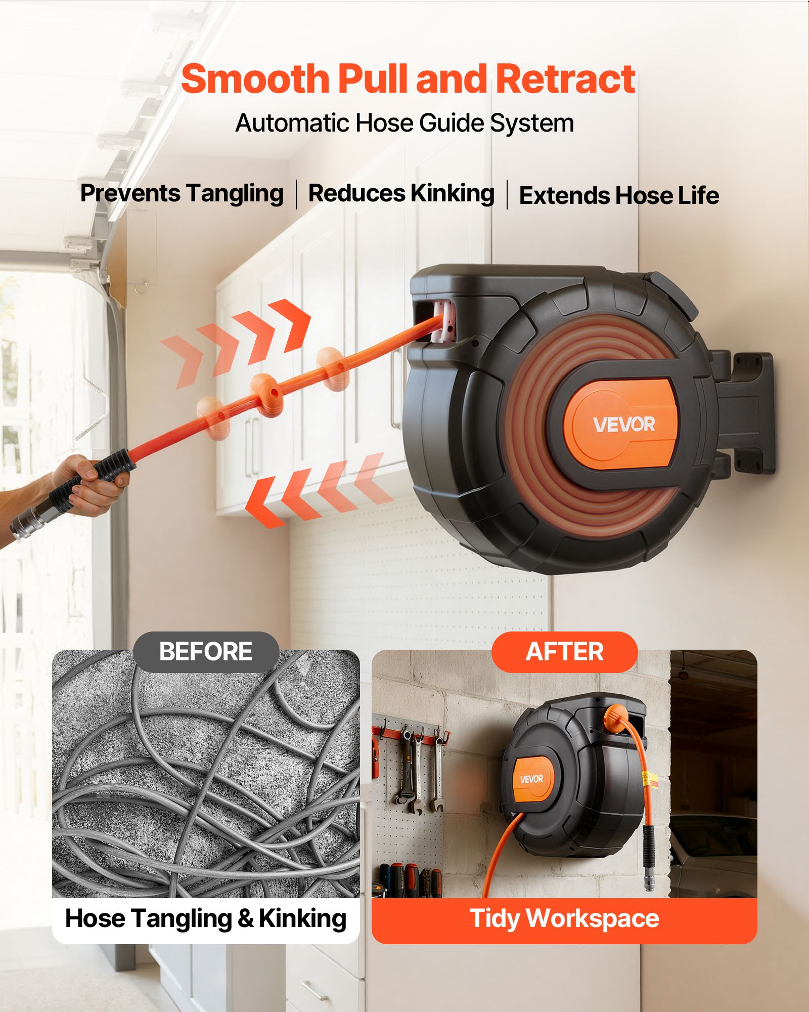 VEVOR Retractable Air Hose Reel, 30m x 9.5mm PVC Air Hose Max 300PSI, Enclosed Air-Compressor Hoses Reel Auto Rewind with 2m Lead in, 180° Swivel Wall Mount for Garages Workshops