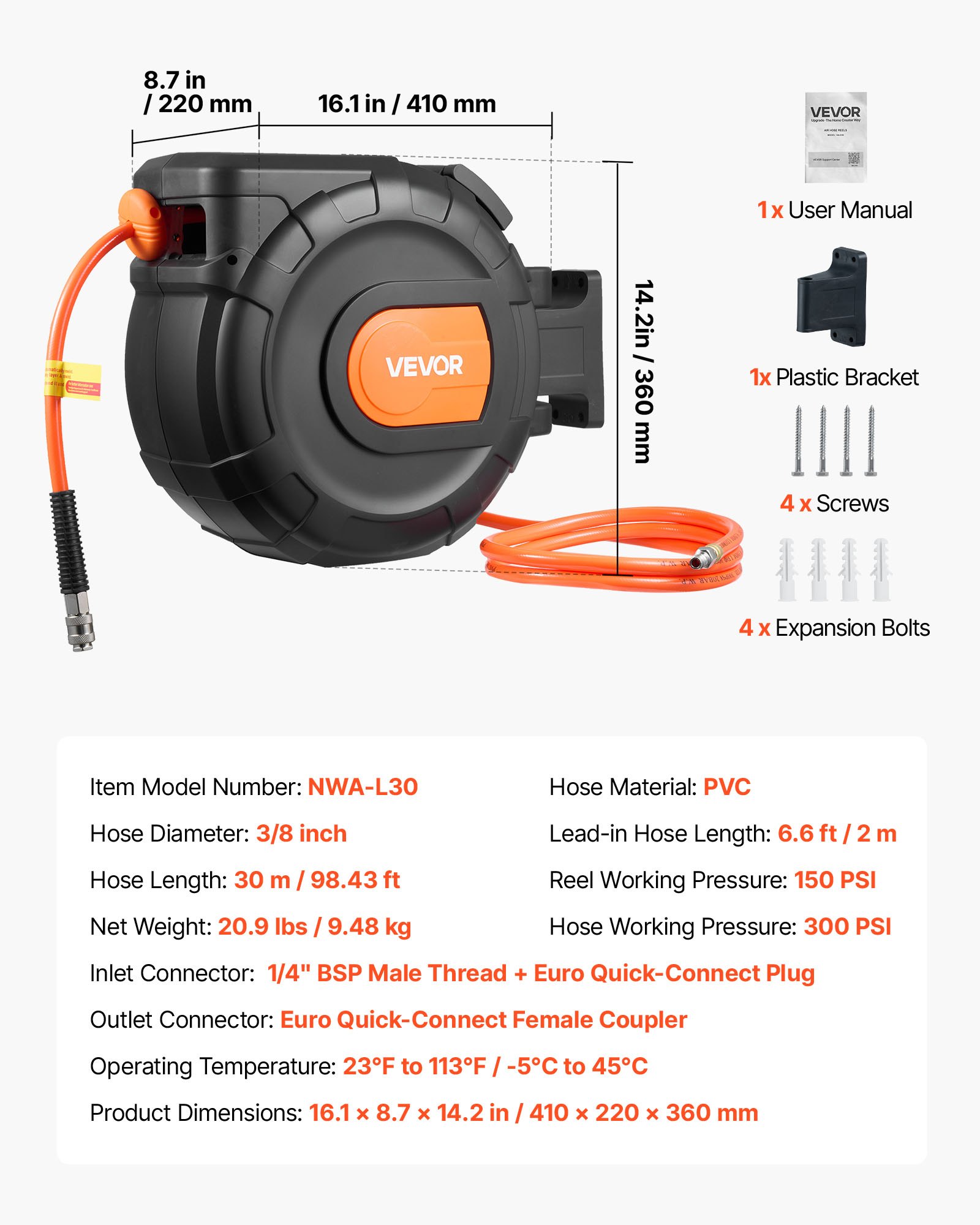 VEVOR Retractable Air Hose Reel, 30m x 9.5mm PVC Air Hose Max 300PSI, Enclosed Air-Compressor Hoses Reel Auto Rewind with 2m Lead in, 180° Swivel Wall Mount for Garages Workshops