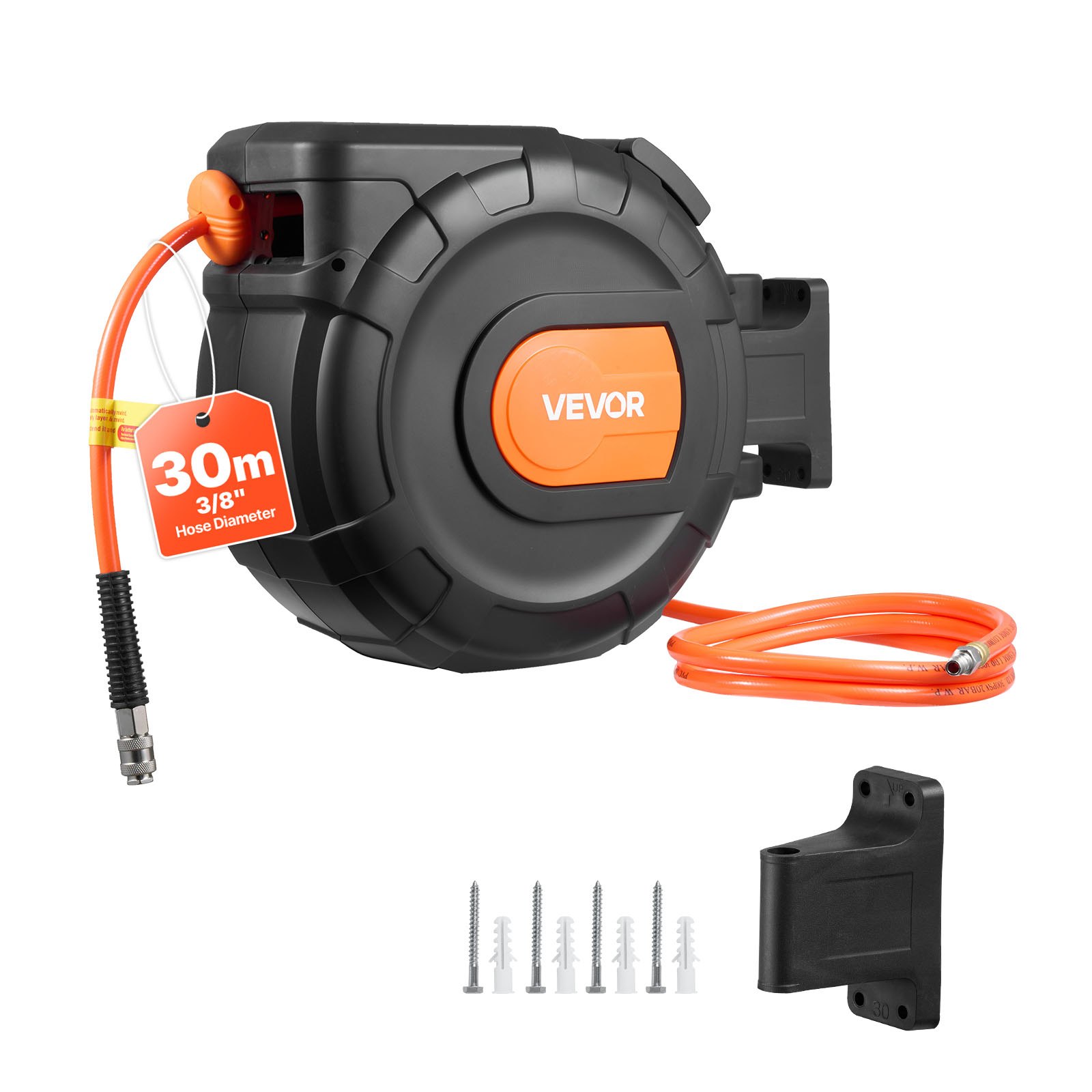 VEVOR Retractable Air Hose Reel, 30m x 9.5mm PVC Air Hose Max 300PSI, Enclosed Air-Compressor Hoses Reel Auto Rewind with 2m Lead in, 180° Swivel Wall Mount for Garages Workshops