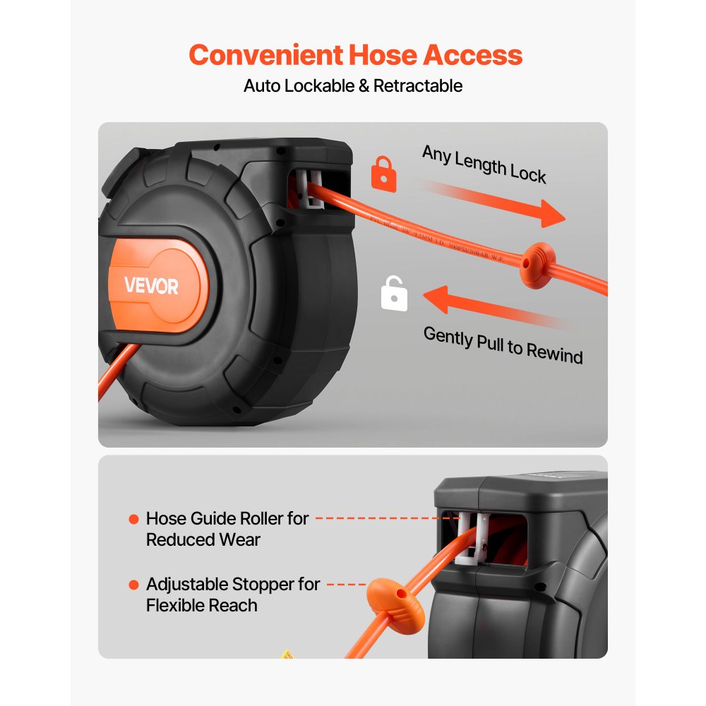 VEVOR Retractable Air Hose Reel, 20m x 9.5mm PVC Air Hose Max 300PSI, Enclosed Air-Compressor Hoses Reel Auto Rewind with 2m Lead in, 180° Swivel Ceiling/Wall Mount for Garages Workshops