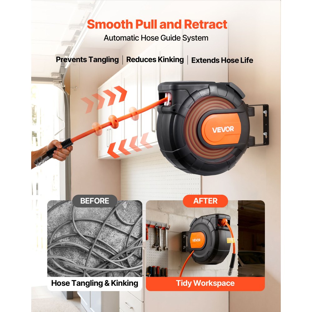 VEVOR Retractable Air Hose Reel, 20m x 9.5mm PVC Air Hose Max 300PSI, Enclosed Air-Compressor Hoses Reel Auto Rewind with 2m Lead in, 180° Swivel Ceiling/Wall Mount for Garages Workshops
