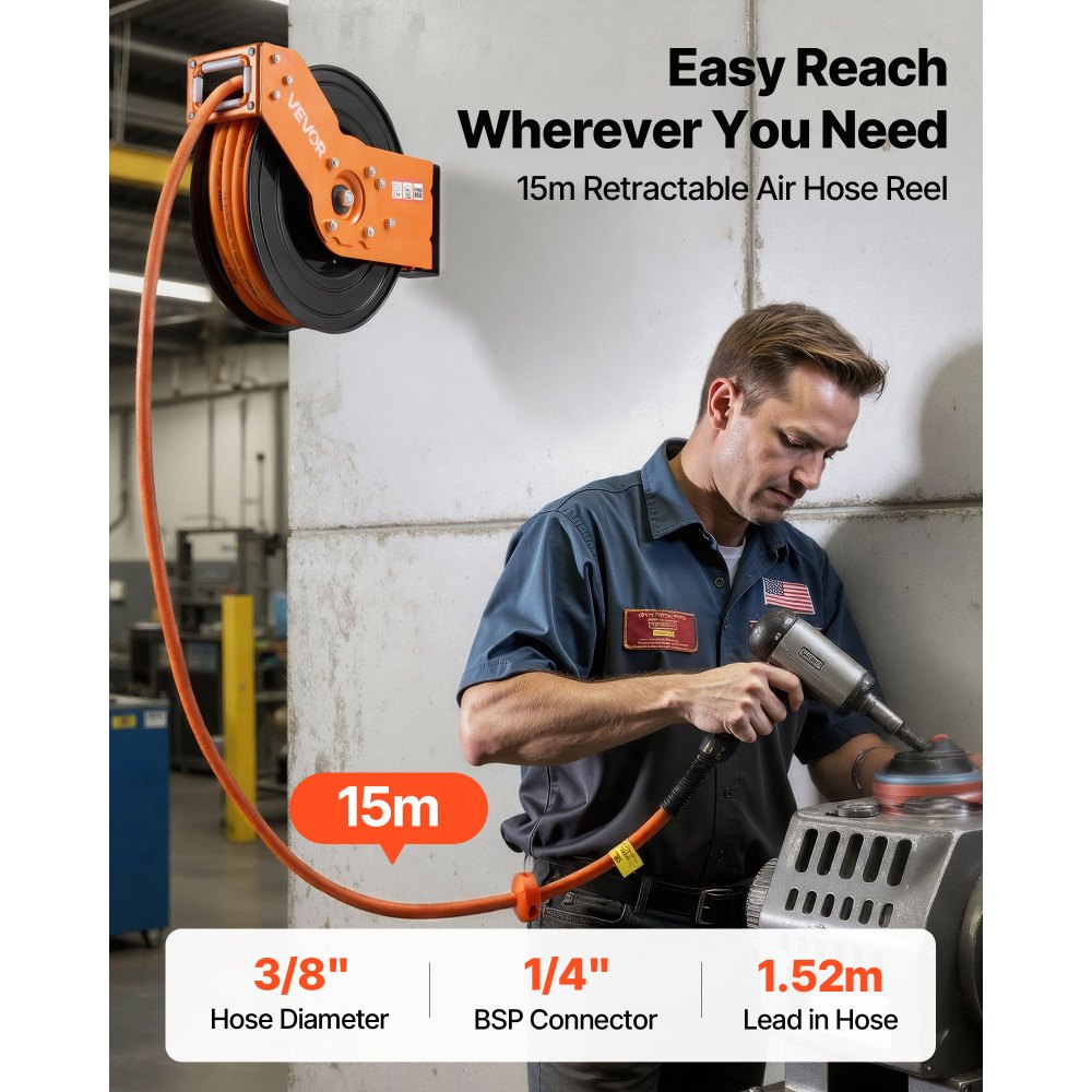 VEVOR Retractable Air Hose Reel, 15m x 9.5mm Hybrid Air Hose Max 300PSI, Auto Rewind Air-Compressor Hoses Reel with 1.52 m Lead in, 180° Swivel Ceiling/Wall Mount for Garage Workshops