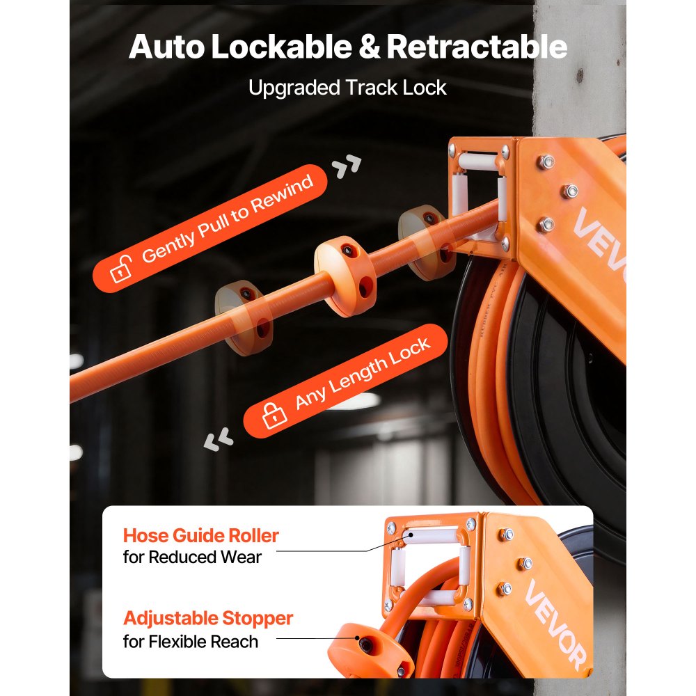 VEVOR Retractable Air Hose Reel, 15m x 9.5mm Hybrid Air Hose Max 300PSI, Auto Rewind Air-Compressor Hoses Reel with 1.52 m Lead in, 180° Swivel Ceiling/Wall Mount for Garage Workshops
