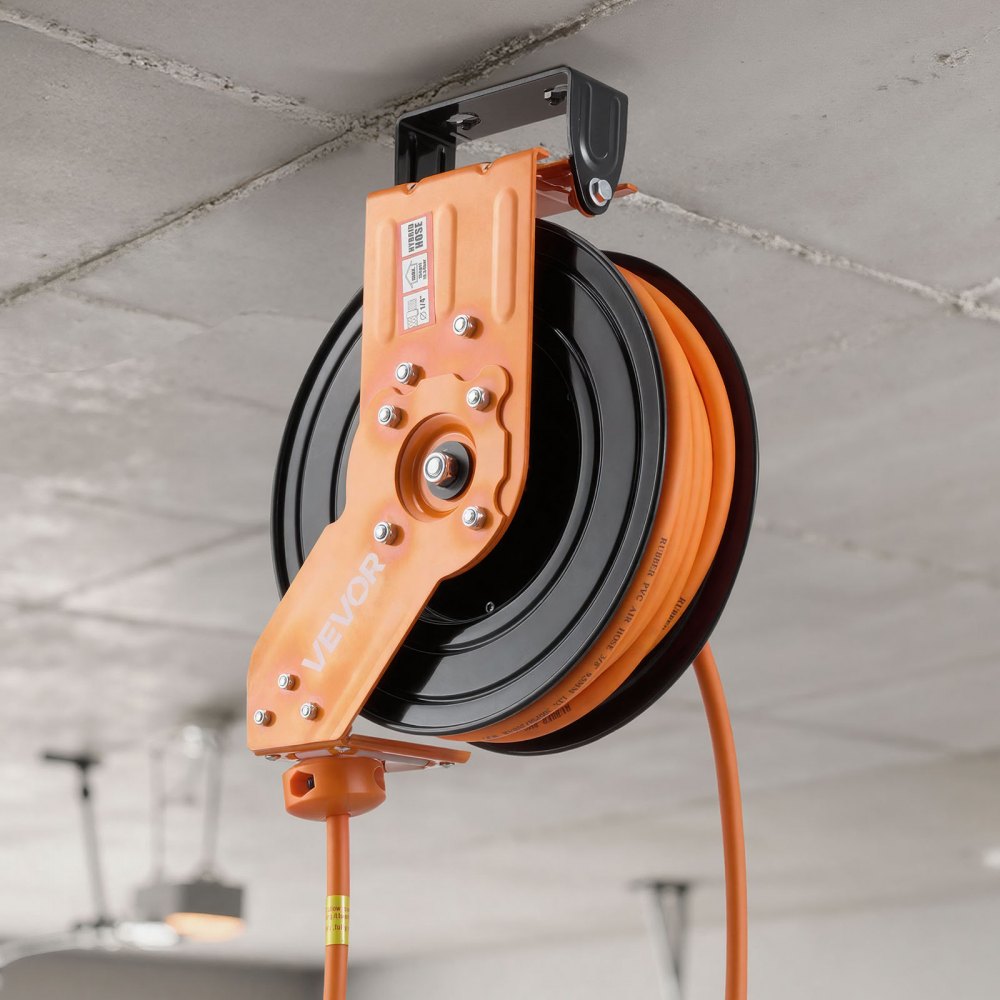 VEVOR Retractable Air Hose Reel, 15m x 9.5mm Hybrid Air Hose Max 300PSI, Auto Rewind Air-Compressor Hoses Reel with 1m Lead in, 180° Swivel Ceiling/Wall Mount for Garage Workshops