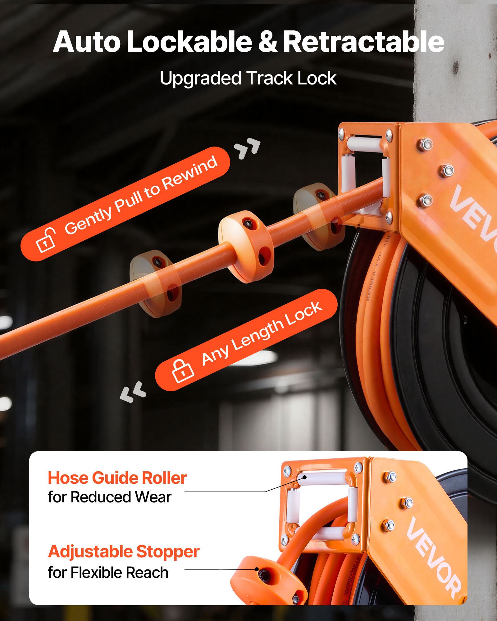 VEVOR Retractable Air Hose Reel, 15m x 9.5mm Hybrid Air Hose Max 300PSI, Auto Rewind Air-Compressor Hoses Reel with 1.52 m Lead in, 180° Swivel Ceiling/Wall Mount for Garage Workshops