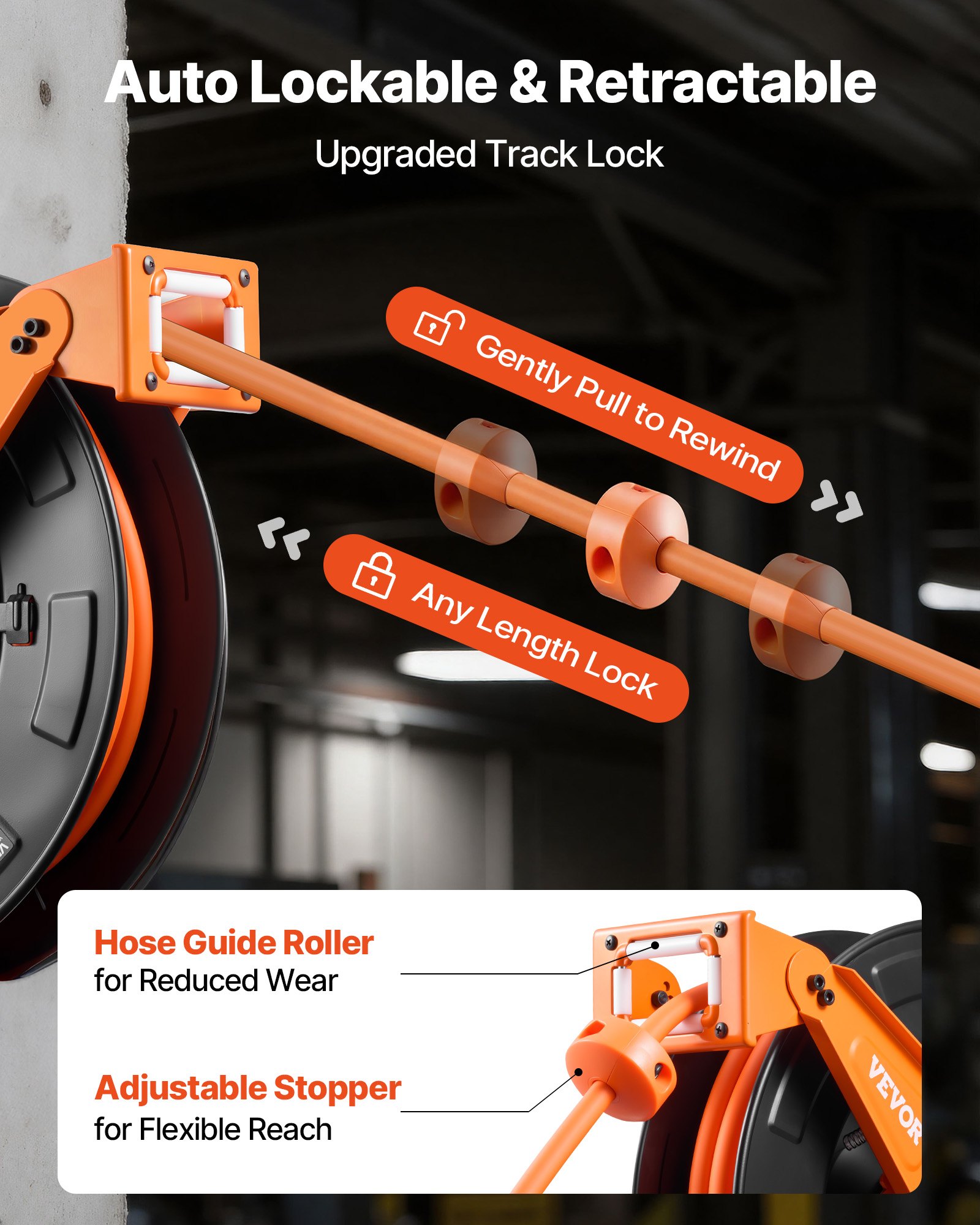 VEVOR Druckluftschlauchtrommel, Schlauchaufroller 15 m x 9,5 mm Hybrid-Druckluftschlauch, 20 bar, Automatische Schlauchaufwicklung mit 1,52 m Zuleitung, Decken-/Wandmontage, Doppelarm aus Stahl