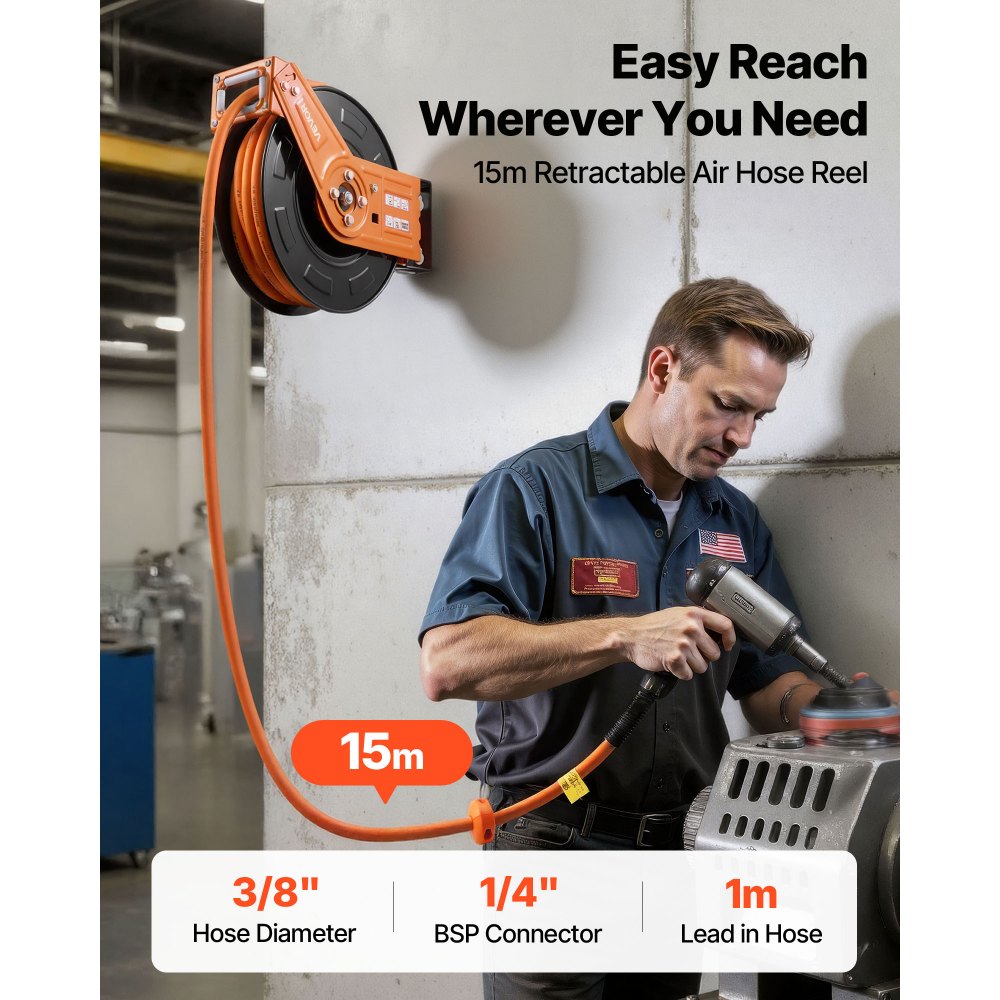VEVOR Retractable Air Hose Reel, 15m x 9.5mm Rubber Air Hose Max 300PSI, Auto Rewind Air-Compressor Hoses Reel with 1m Lead in, 180° Swivel Ceiling/Wall Mount for Garage Workshops