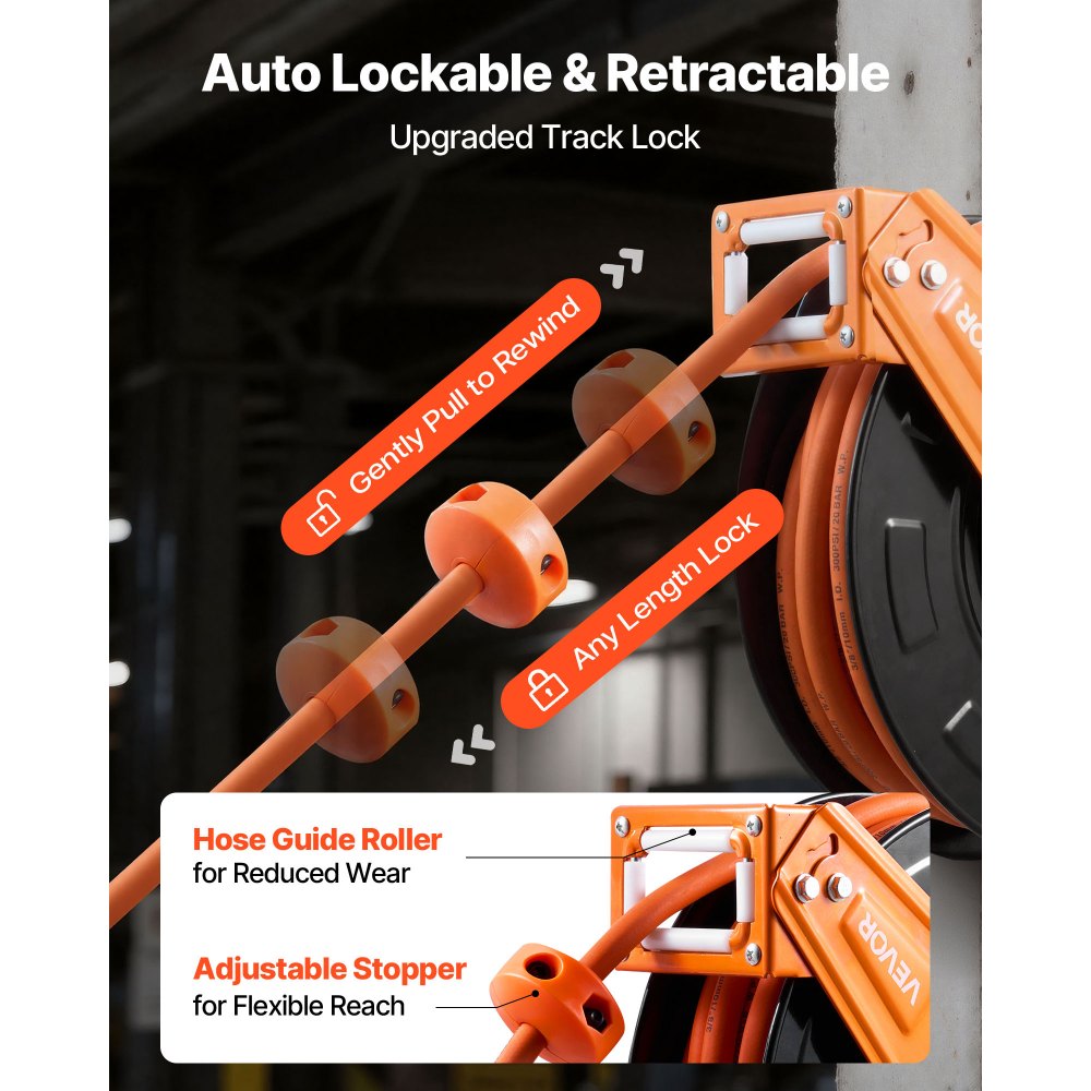 VEVOR Retractable Air Hose Reel, 15m x 9.5mm Rubber Air Hose Max 300PSI, Auto Rewind Air-Compressor Hoses Reel with 1m Lead in, 180° Swivel Ceiling/Wall Mount for Garage Workshops