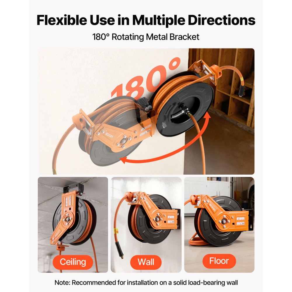 VEVOR Retractable Air Hose Reel, 15m x 9.5mm Rubber Air Hose Max 300PSI, Auto Rewind Air-Compressor Hoses Reel with 1m Lead in, 180° Swivel Ceiling/Wall Mount for Garage Workshops