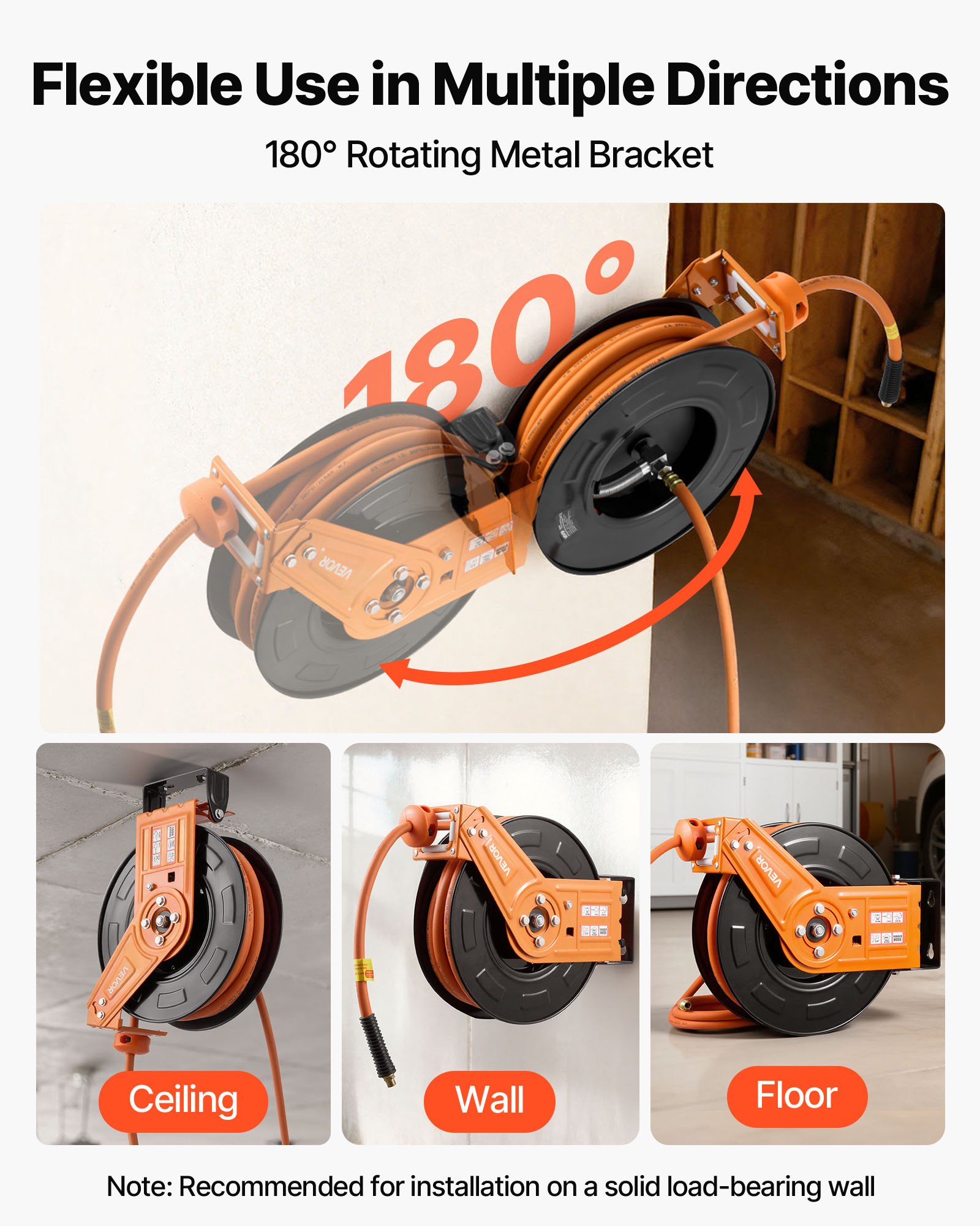 VEVOR Retractable Air Hose Reel, 15m x 9.5mm Rubber Air Hose Max 300PSI, Auto Rewind Air-Compressor Hoses Reel with 1m Lead in, 180° Swivel Ceiling/Wall Mount for Garage Workshops