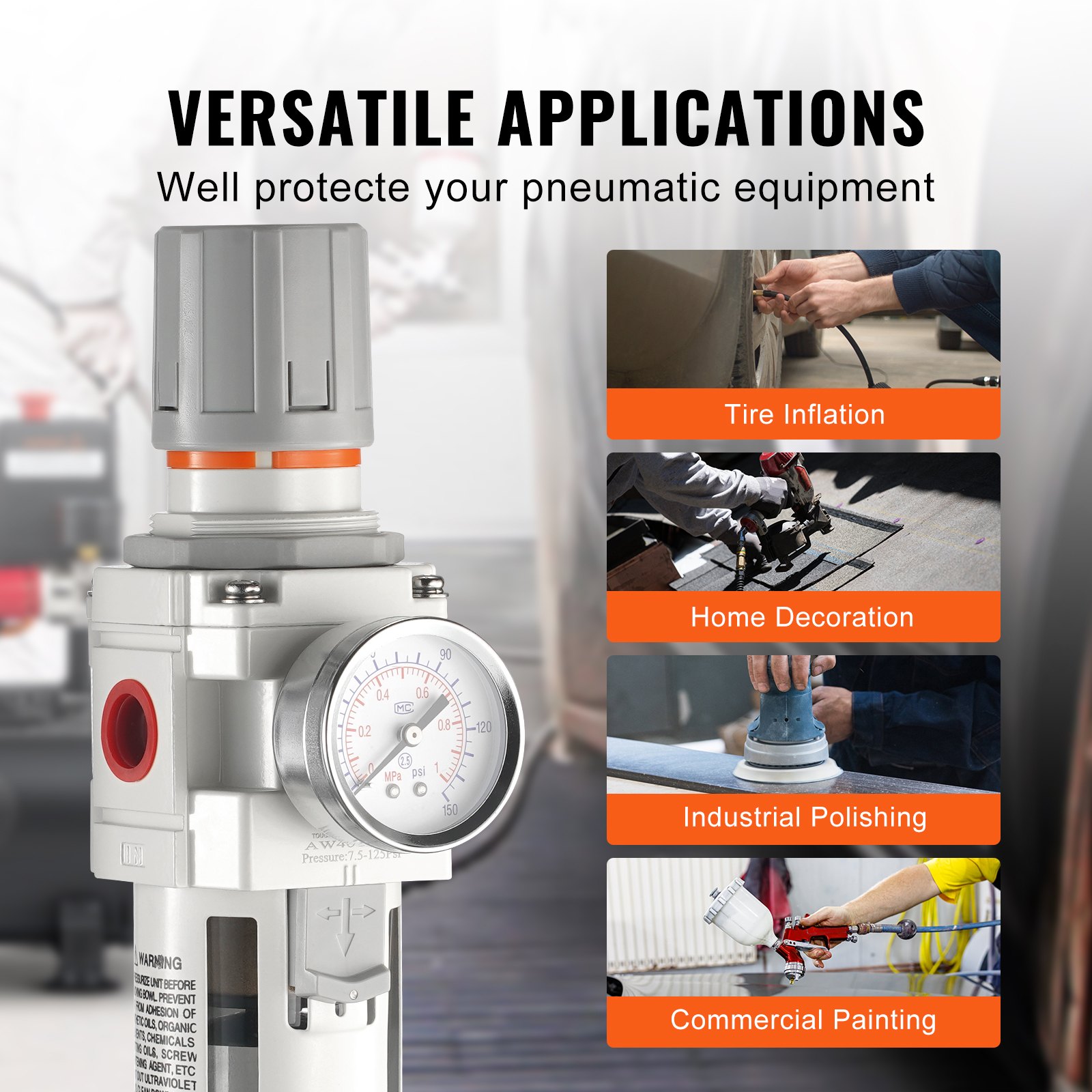 VEVOR Luftkompressor-Filterregler 1/2"NPT 5μm einstufiger halbautomatischer Ablass