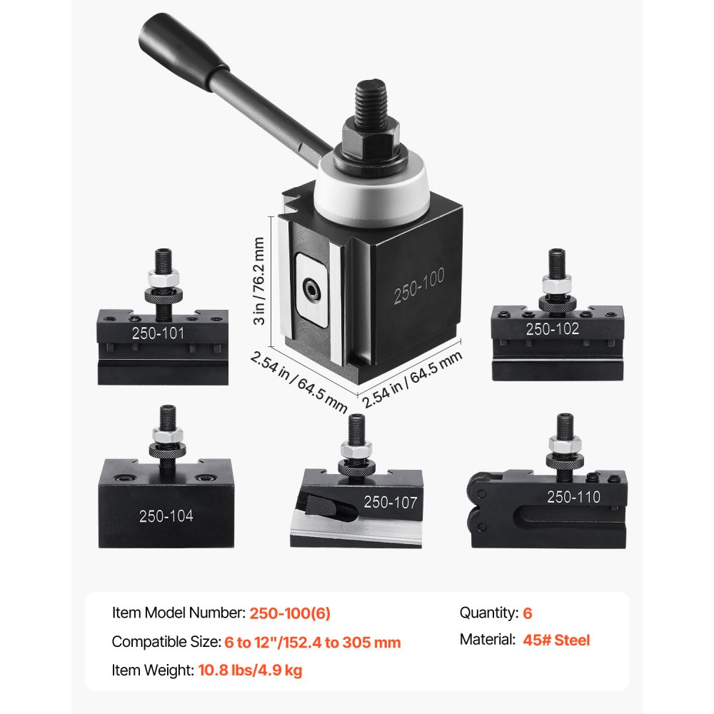 VEVOR Schnellwechsel-Werkzeughalter-Set, 6-teilig, Werkzeughalter, passend für Mini-Drehmaschinen und Metalldrehmaschinen mit 152,4-305mm Umlaufdurchmesser, langlebiges Stahlmaterial