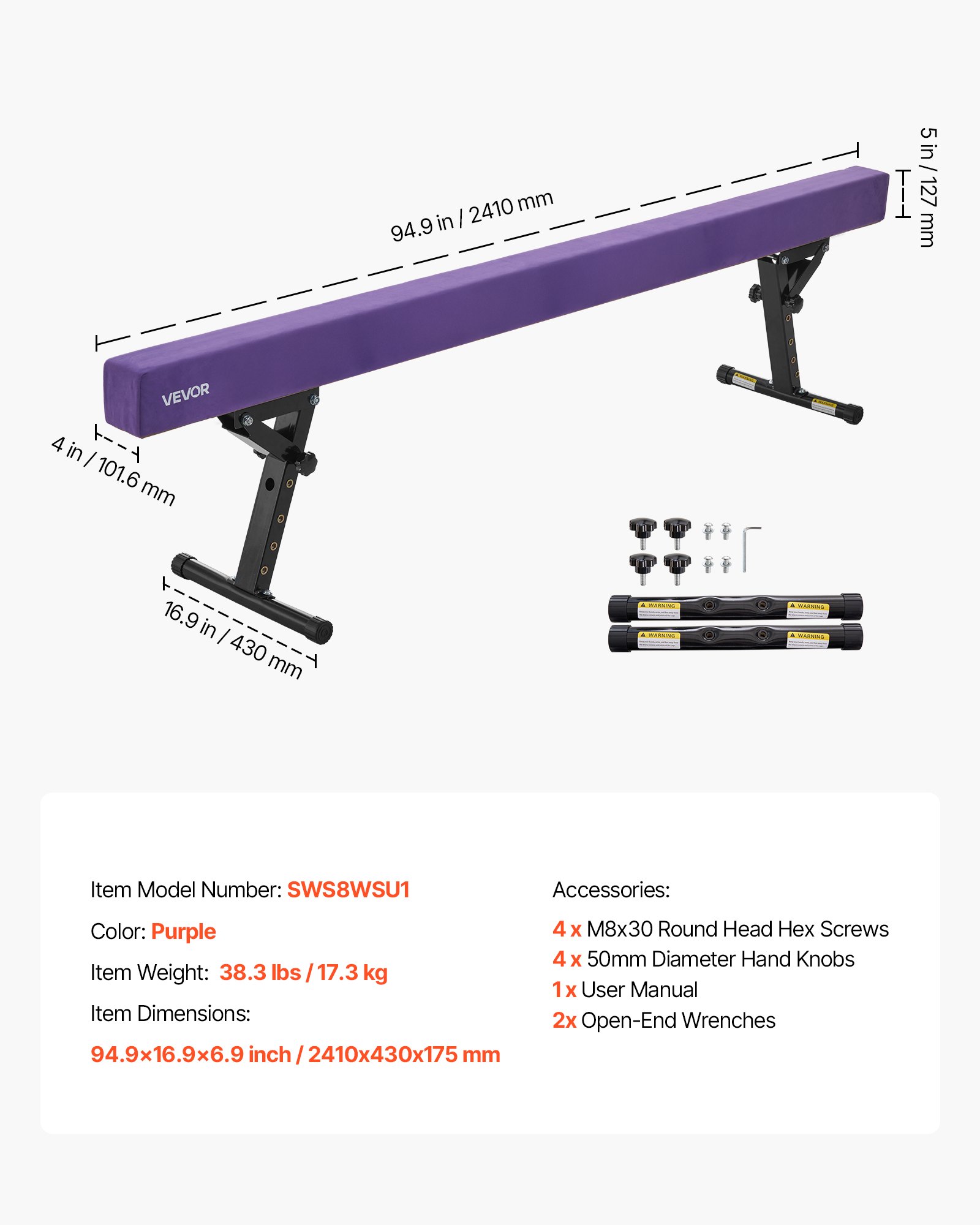 VEVOR Schwebebalken Gymnastik Kinder 241 cm Höhenverstellbar (5-stufig/170/380470/540/565mm), 158,7 kg belastbarer Gymnastikbalken Turnbalken, Balance Balken Balancierbalken für Fitnessstudio, Lila