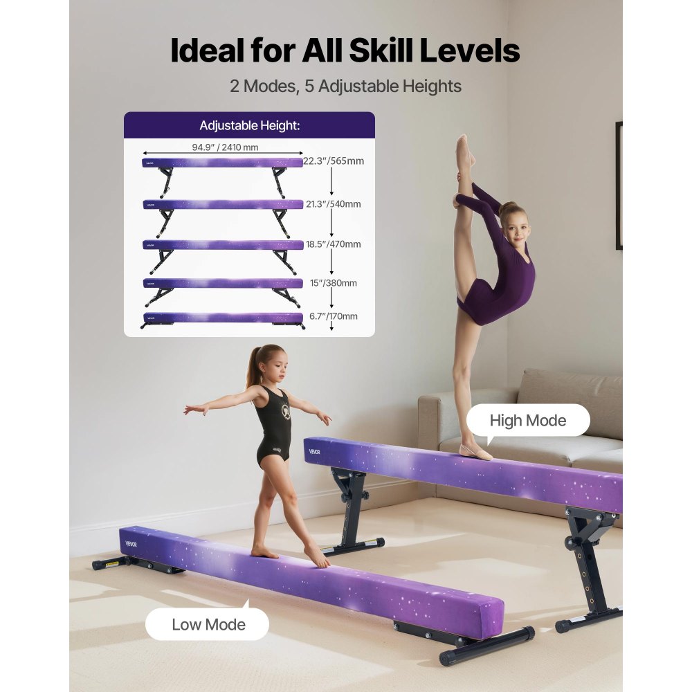 VEVOR Schwebebalken Gymnastik Kinder 241 cm Höhenverstellbar (5-stufig), 158,7 kg belastbarer Gymnastikbalken Turnbalken, Balance Balken Balancierbalken für Fitnessstudio, Galaxy