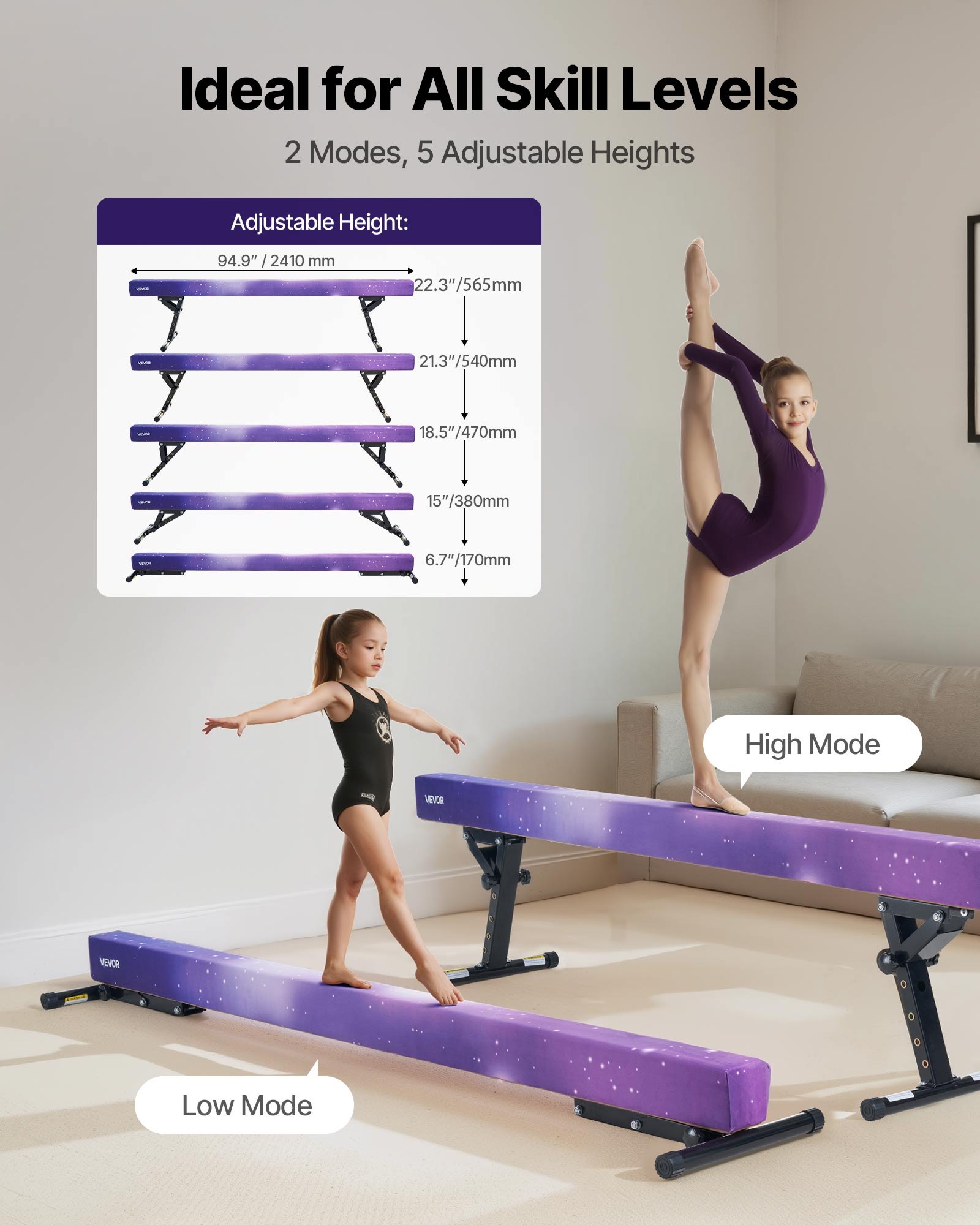 VEVOR Schwebebalken Gymnastik Kinder 241 cm Höhenverstellbar (5-stufig), 158,7 kg belastbarer Gymnastikbalken Turnbalken, Balance Balken Balancierbalken für Fitnessstudio, Galaxy