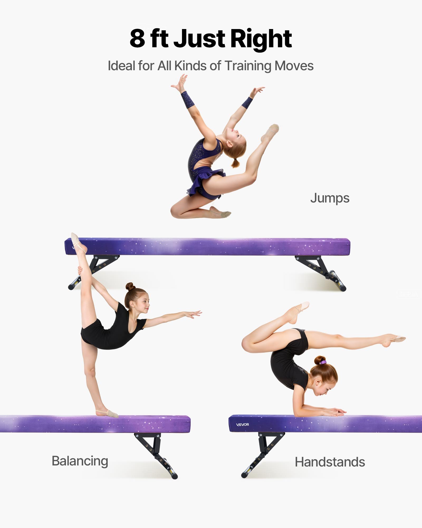 VEVOR Schwebebalken Gymnastik Kinder 241 cm Höhenverstellbar (5-stufig), 158,7 kg belastbarer Gymnastikbalken Turnbalken, Balance Balken Balancierbalken für Fitnessstudio, Galaxy