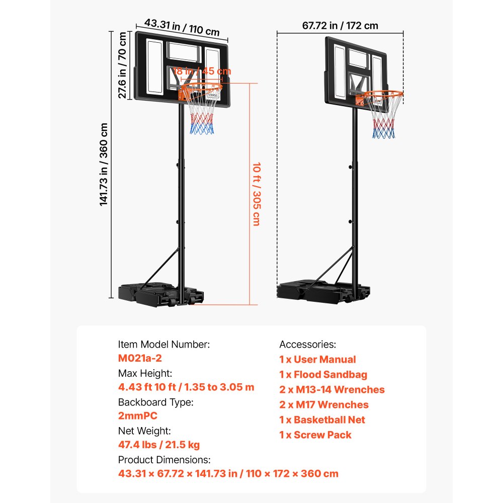 VEVOR tragbarer Basketballständer, 1,35 bis3,05 m höhenverstellbarer Basketballkorb, verstellbare Basketballanlage mit Nylonnetz & Rollen, tragbares Backboard-Set für Terrassen Poolrand