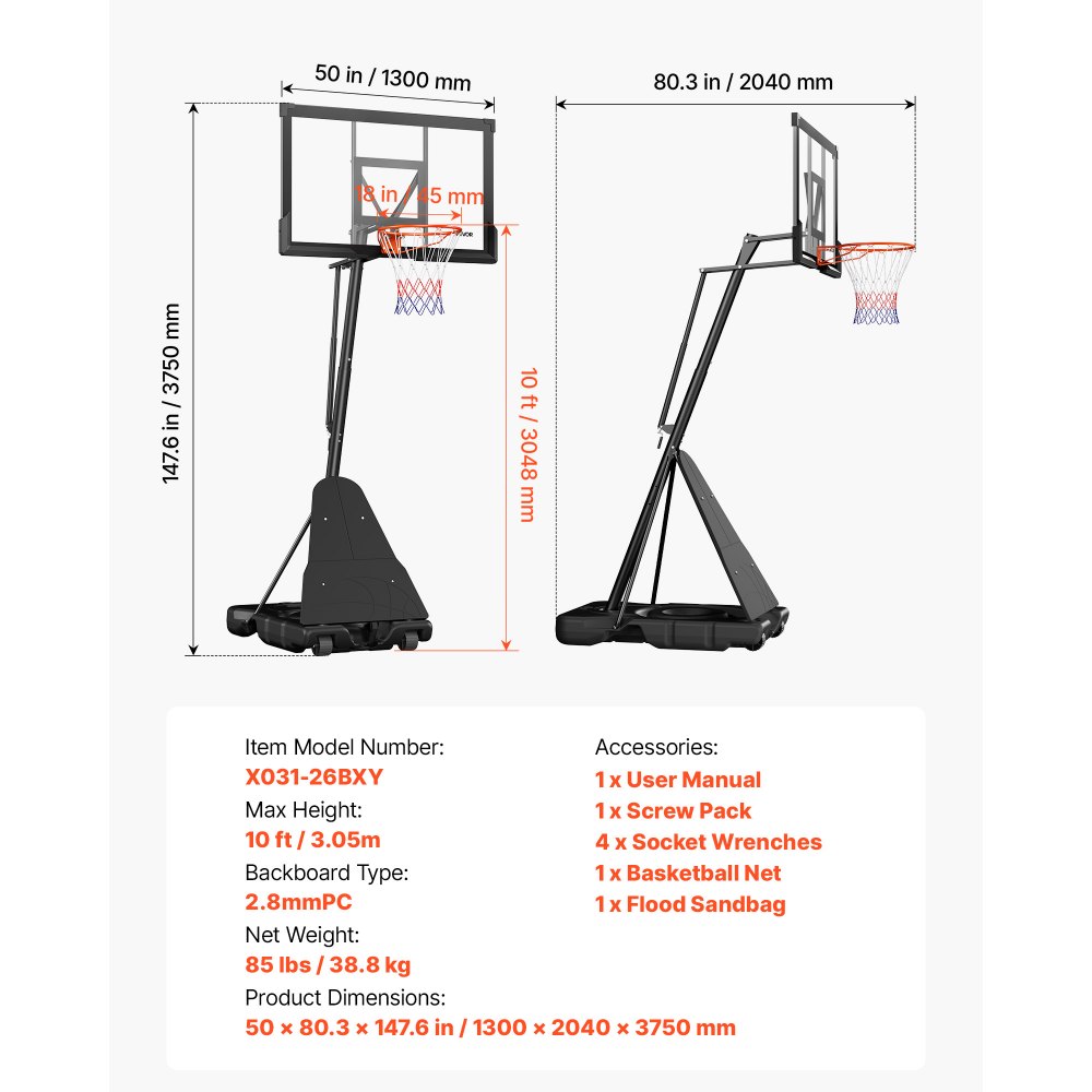 VEVOR tragbarer Basketballständer, max. 3,05 m höhenverstellbarer (manuell) Basketballkorb, Basketballanlage mit 130 cm PC-Rückwand, Basketballkorsystem Backboard-Set für Terrassen Schulen