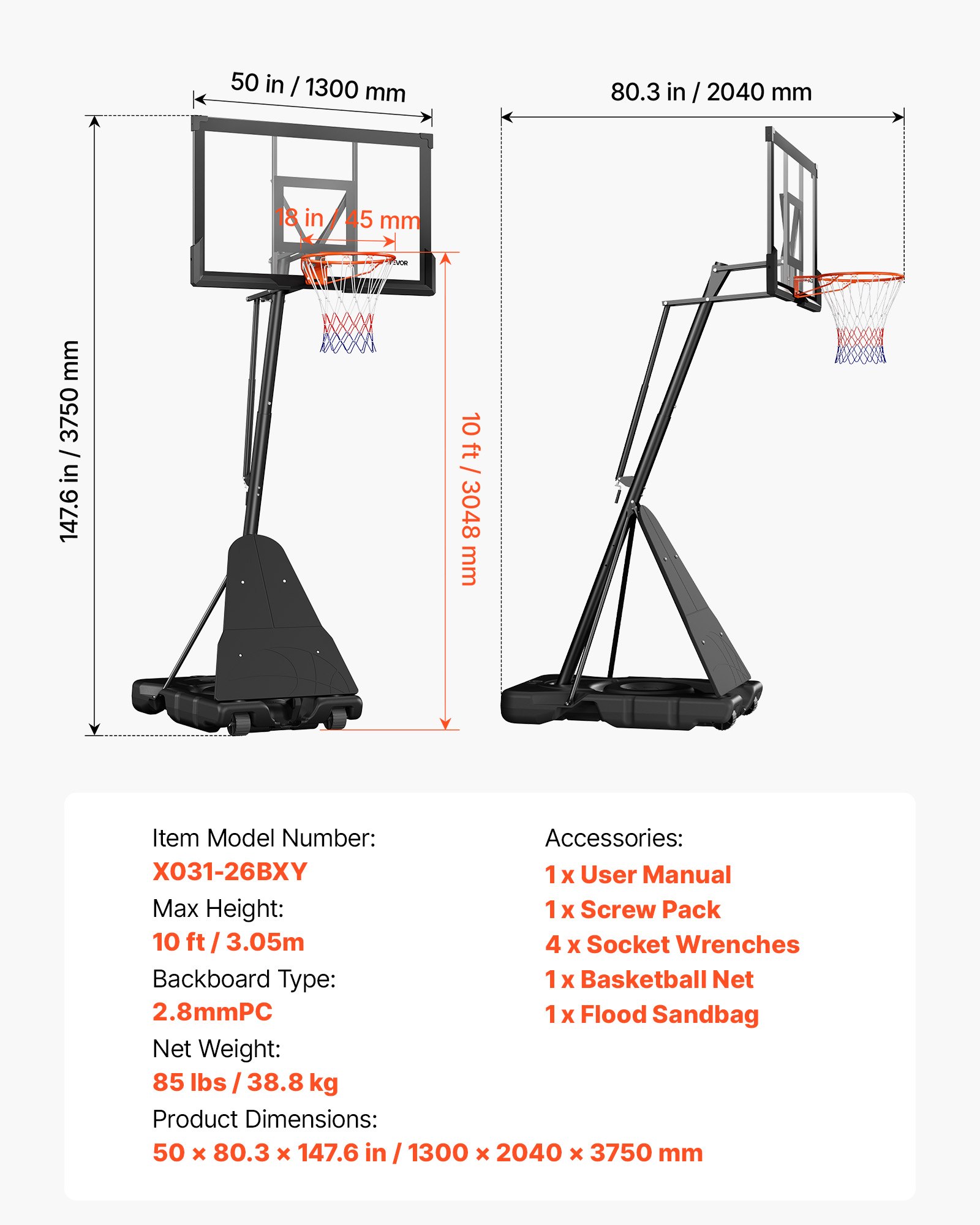 VEVOR tragbarer Basketballständer, max. 3,05 m höhenverstellbarer (manuell) Basketballkorb, Basketballanlage mit 130 cm PC-Rückwand, Basketballkorsystem Backboard-Set für Terrassen Schulen