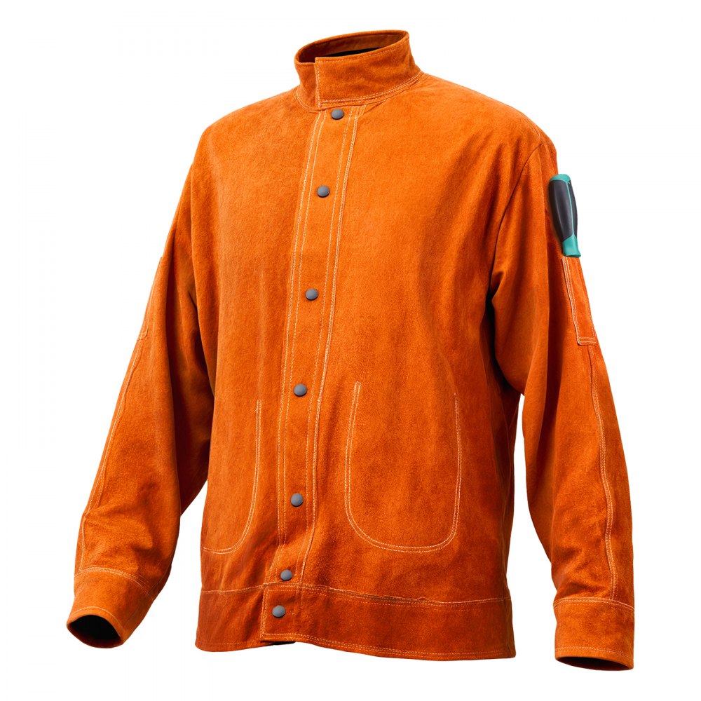 VEVOR Leder-Schweißerjacke, flammhemmender Schweißmantel aus Rindsleder, wasserdichte, hitzebeständige Sicherheitsjacke mit 4 Taschen & verstellbaren Manschetten für Schweißer in Stahlwerken – Größe M