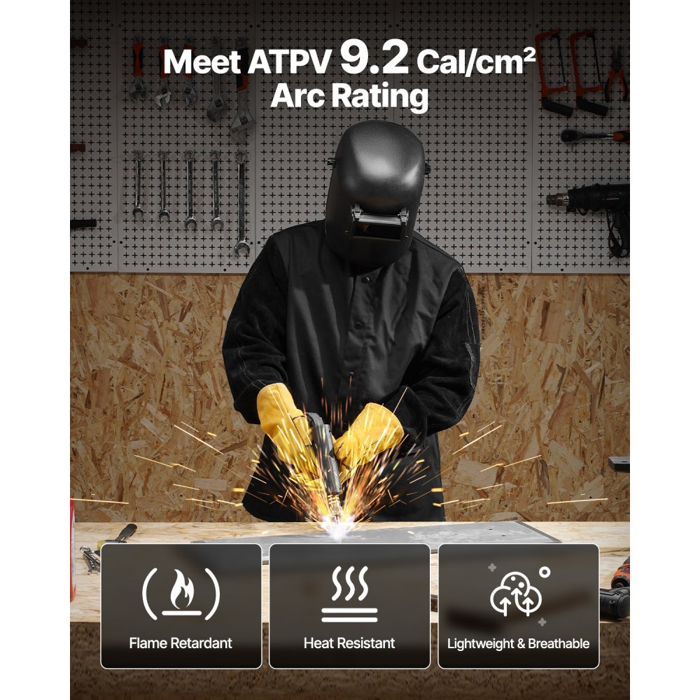 VEVOR Flammhemmende Schweißerjacke, Ärmel aus Rindspaltleder, Hauptteil aus flammhemmender Baumwolle, hitzebeständige Schweißer-Sicherheitsjacke für Schweißer und Monteure – Größe XXL