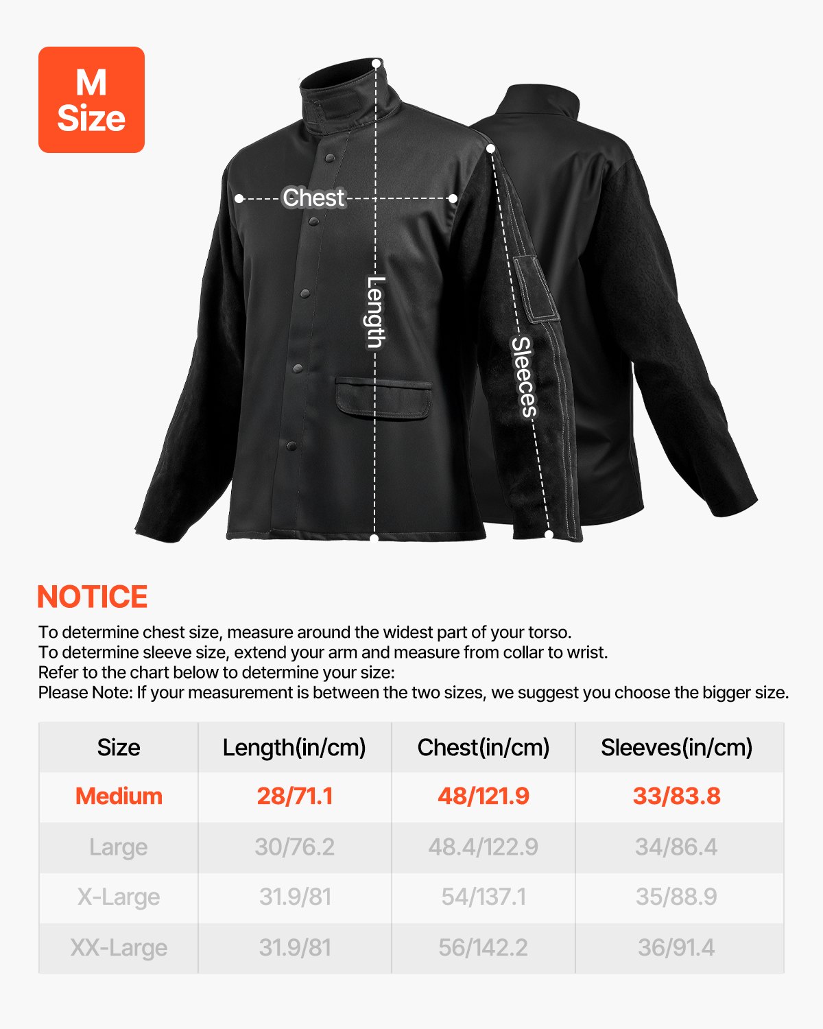 VEVOR Flammhemmende Schweißerjacke, Ärmel aus Rindspaltleder, Hauptteil aus flammhemmender reiner Baumwolle, hitzebeständige Schweißer-Sicherheitsjacke für Schweißer und Monteure – Größe M