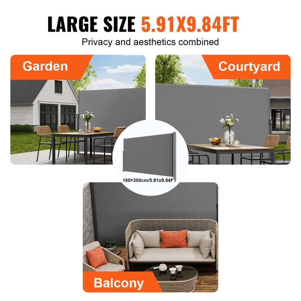 VEVOR Seitenmarkise 180 x 300 cm Seitenwandmarkise aus 180 g/m² Polyestergewebe mit PU-Beschichtung Markise einziehbarer Griff mit Federmechanismus Sichtschutz Blickschutz für Balkone Innenhöfe Grau